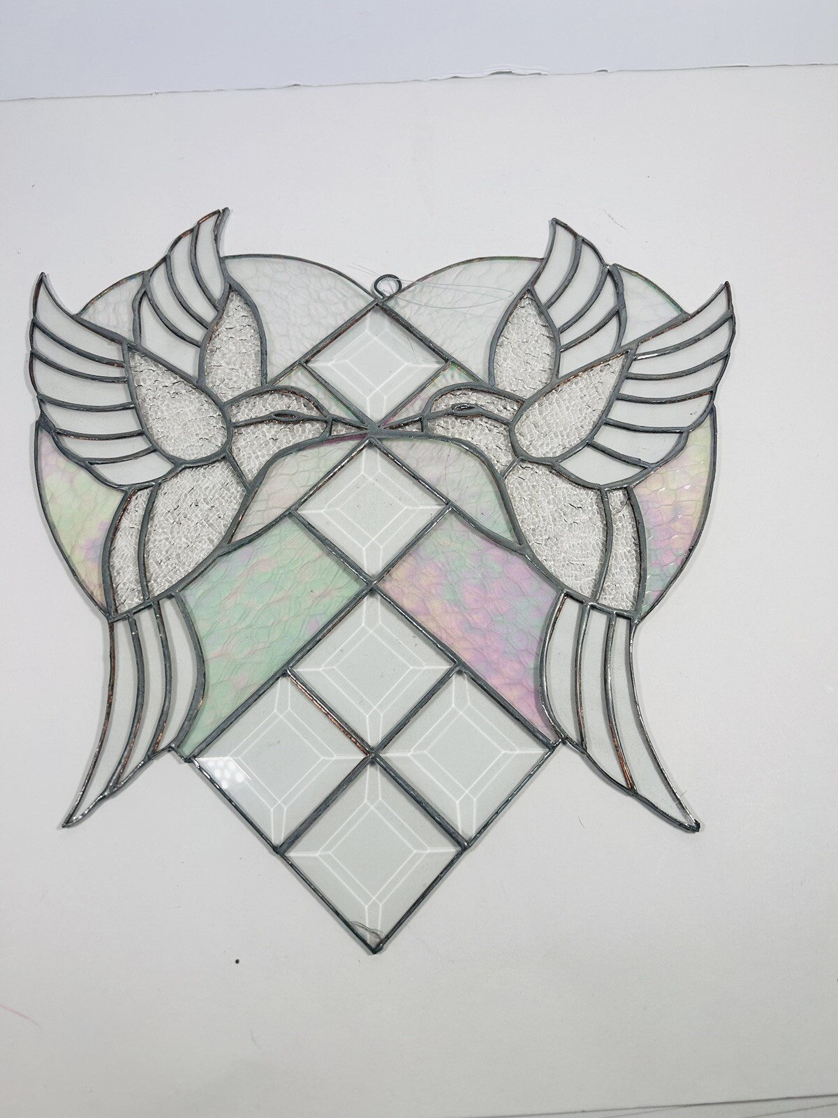 Stained Glass heart Clear, Pink And Green Hummingbirds Read Description