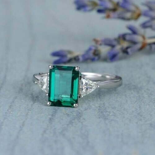 3.00 Ct Natural Emerald Diamond Engagement Wedding Ring 14K White Gold Size 5