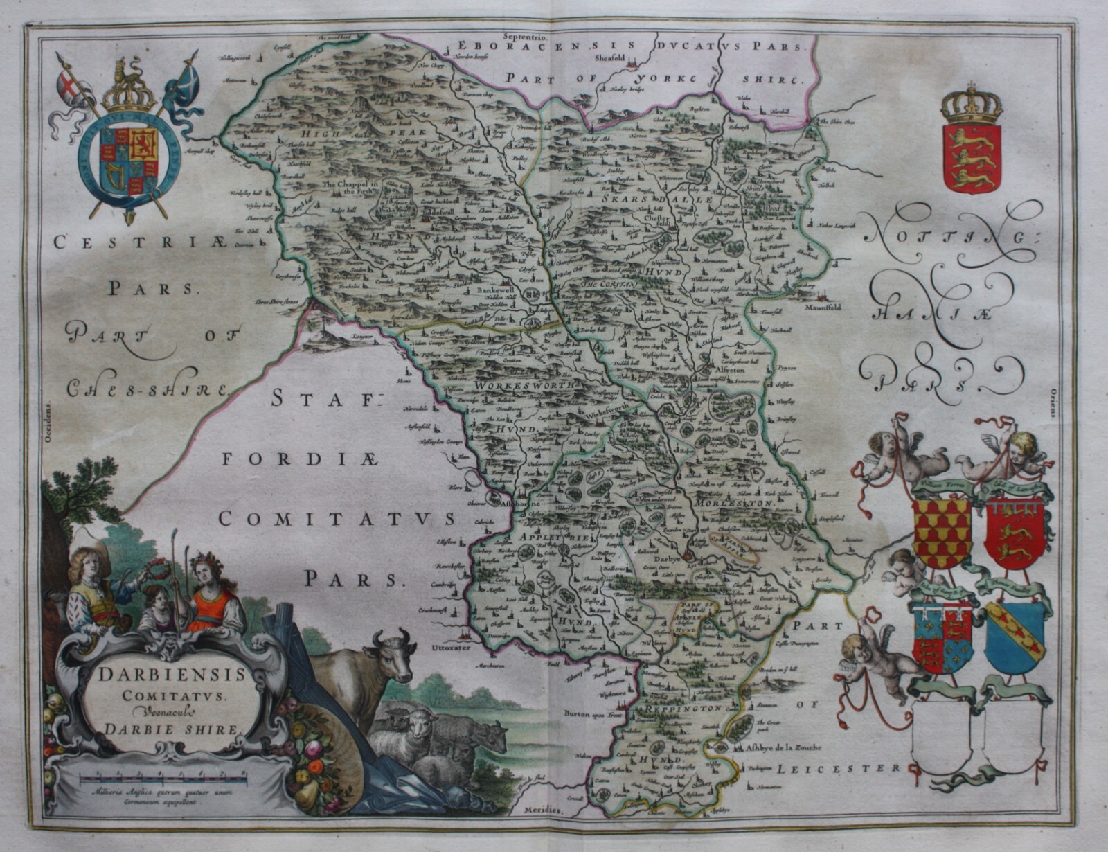 DERBYSHIRE ANTIQUE MAP, ‘DARBIENSIS COMITATUS’ original, J. Blaeu, c.1650