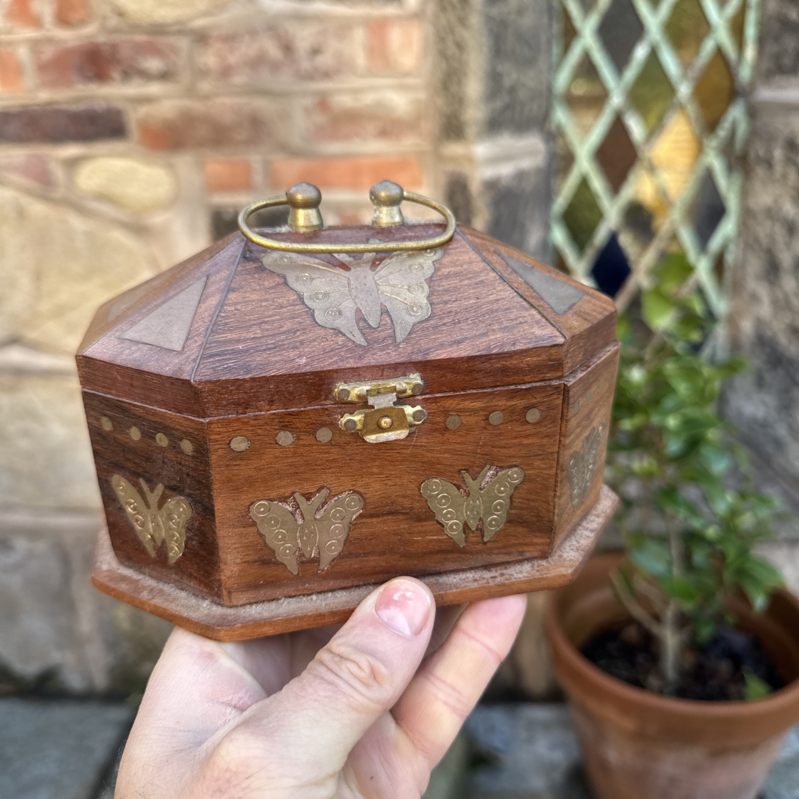 Wooden Storage Box Jewellery Stationery Trinkets Indian & Brass Inlay Butterfly