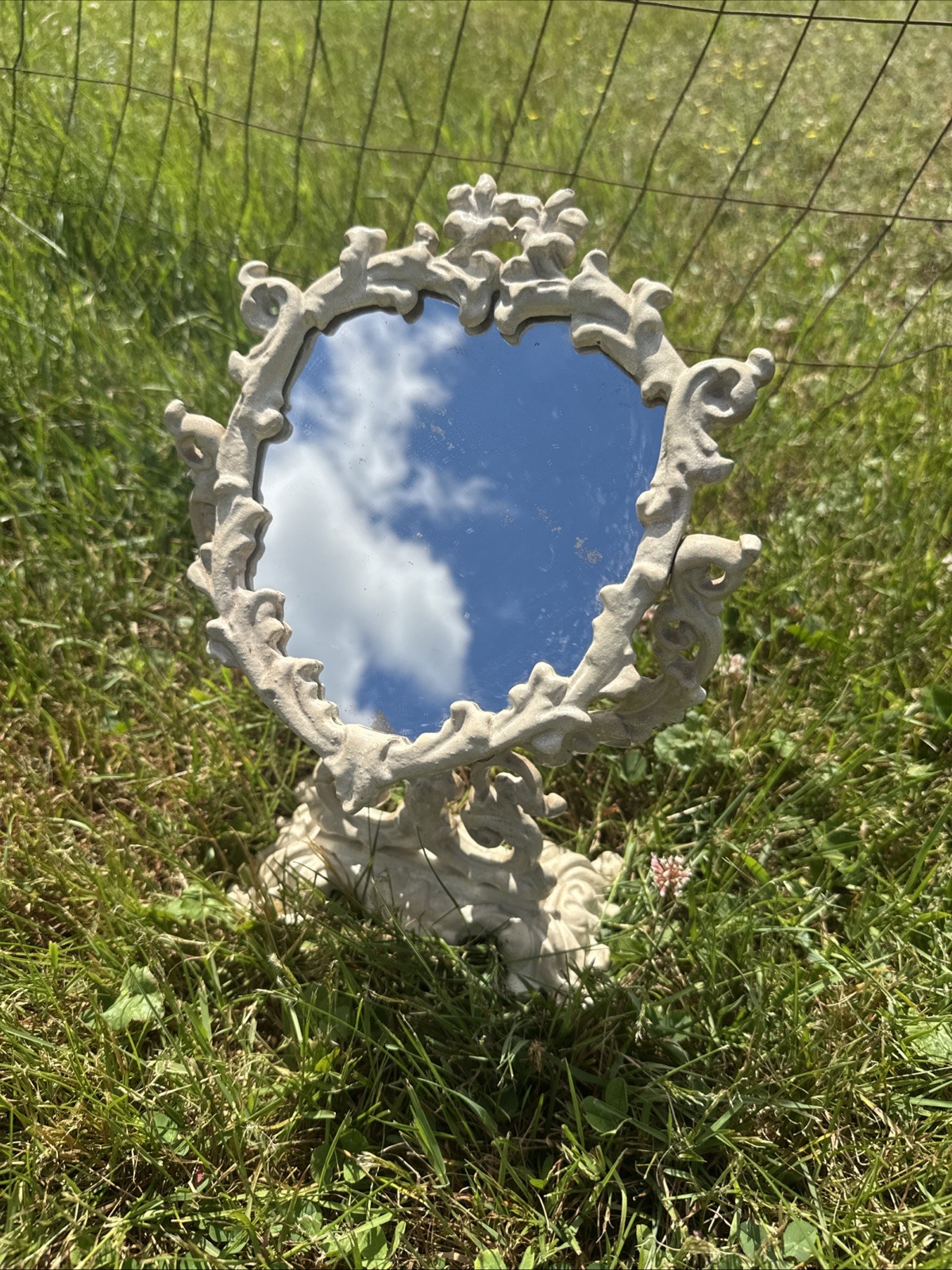 Vintage Off White French Cast Iron Victorian Style Vanity Mirror