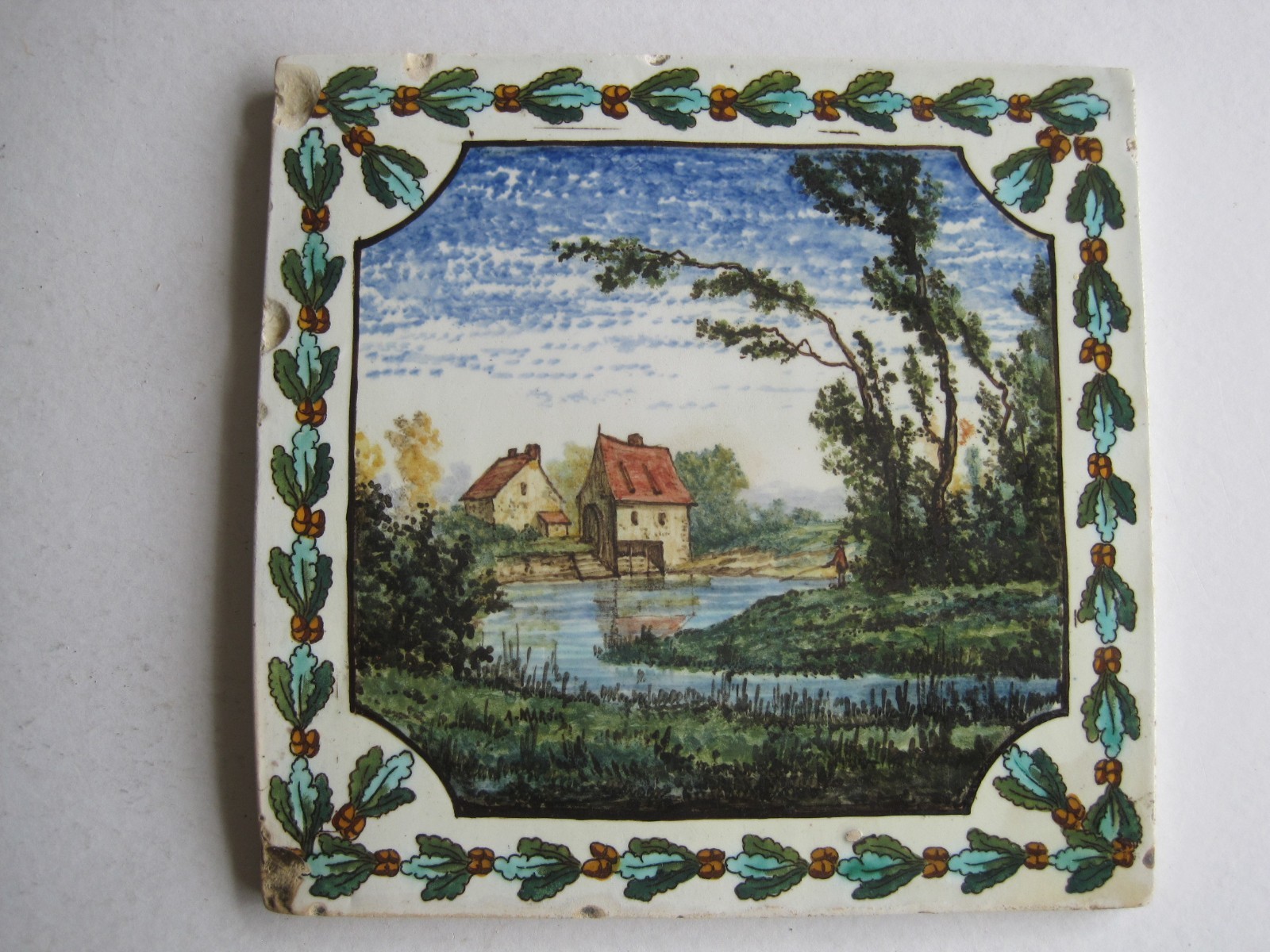 ANTIQUE GIEN 17 X 16.5 cm HAND-PAINTED LANDSCAPE TILE SIGNED A. MAROIS #24