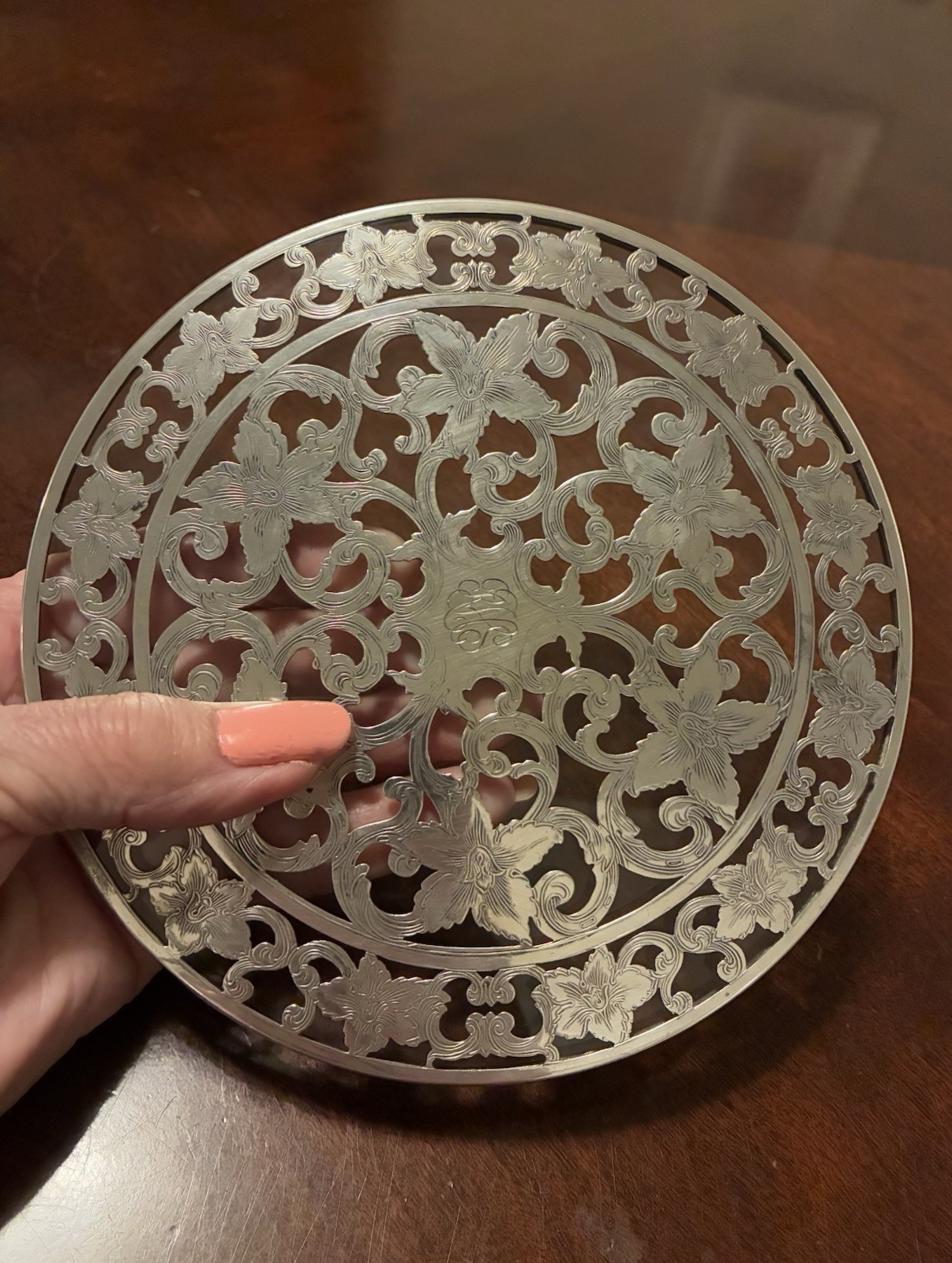 Antique Webster Sterling Silver Over Glass Trivet 6″
