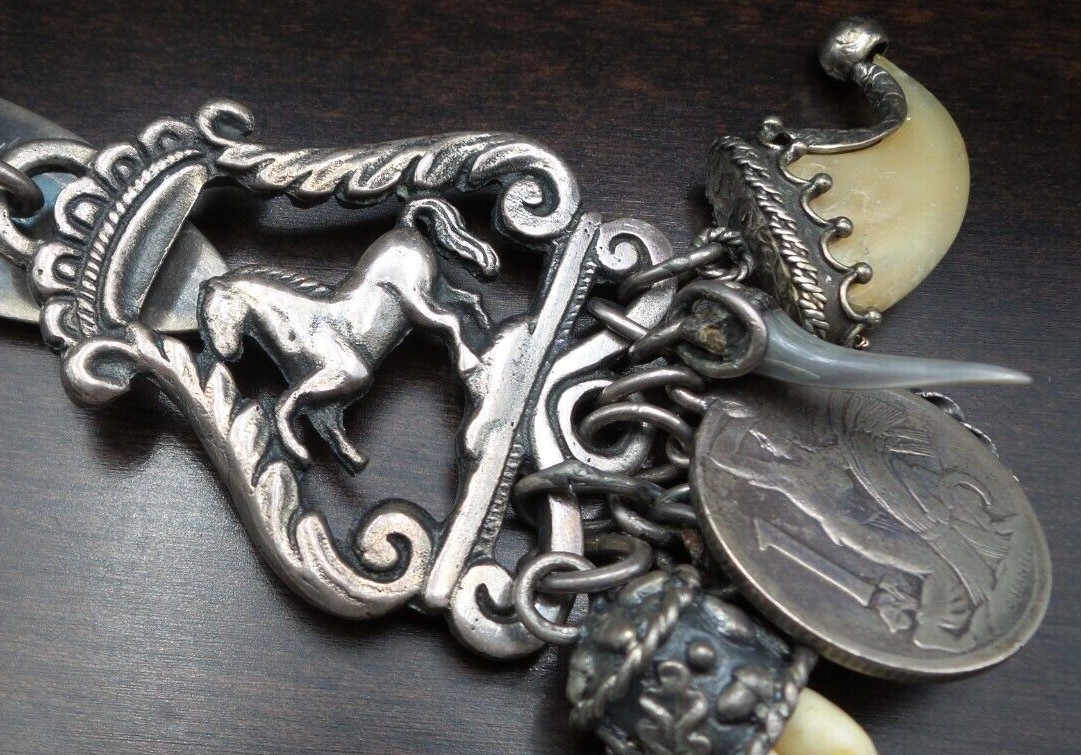 Great Antique Alpine Italian/Austrian 800 Silver & Coin Belt Key or Purse Chain