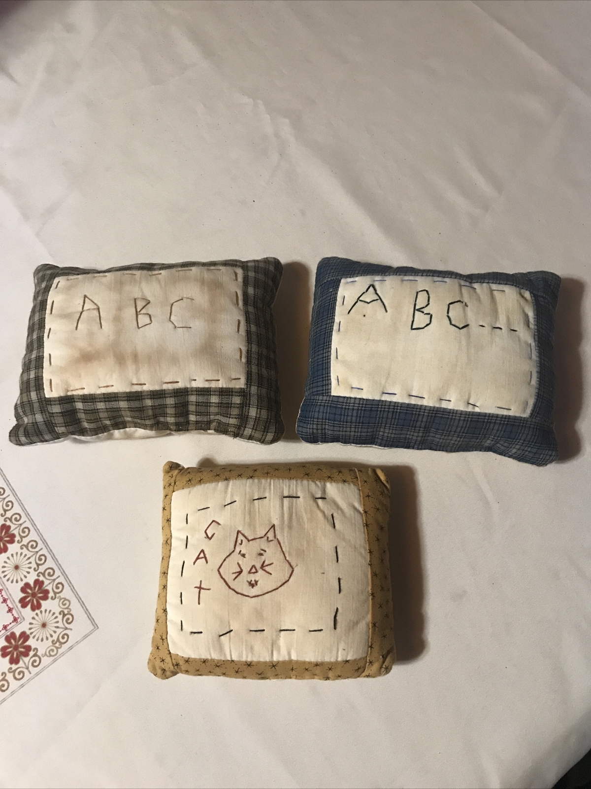 Primitive tiny Sampler Pillow Handmade Folk Art Tea Stained VTG Pillow Lot Of 3