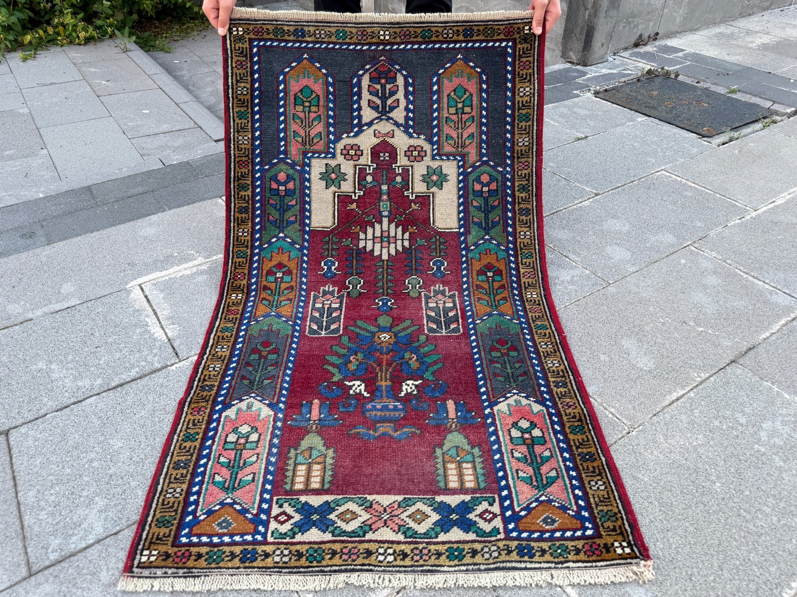 Vintage Turkish Prayer Rug 2.4×4.2 ft Tribal Blue Pink Anatolian Wool Carpet