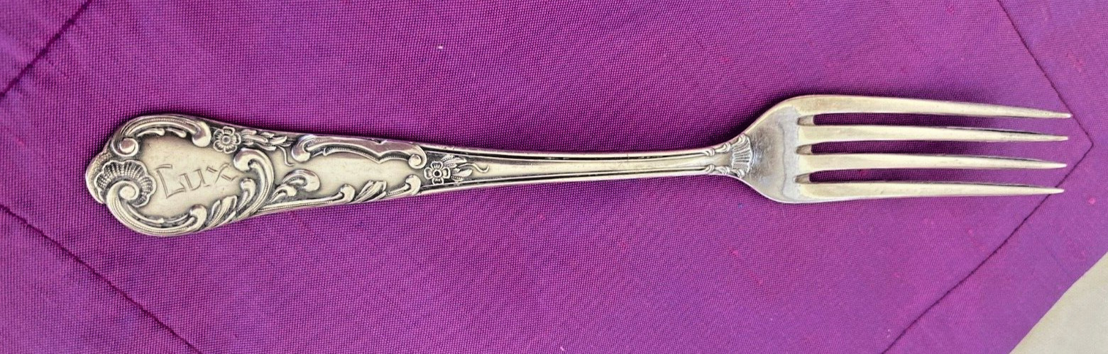 BEAUTIFUL VINTAGE FRENCH SILVERPLATE FORK ENGRAVED “FRANCE” & MONOGRAMMED “LUX”