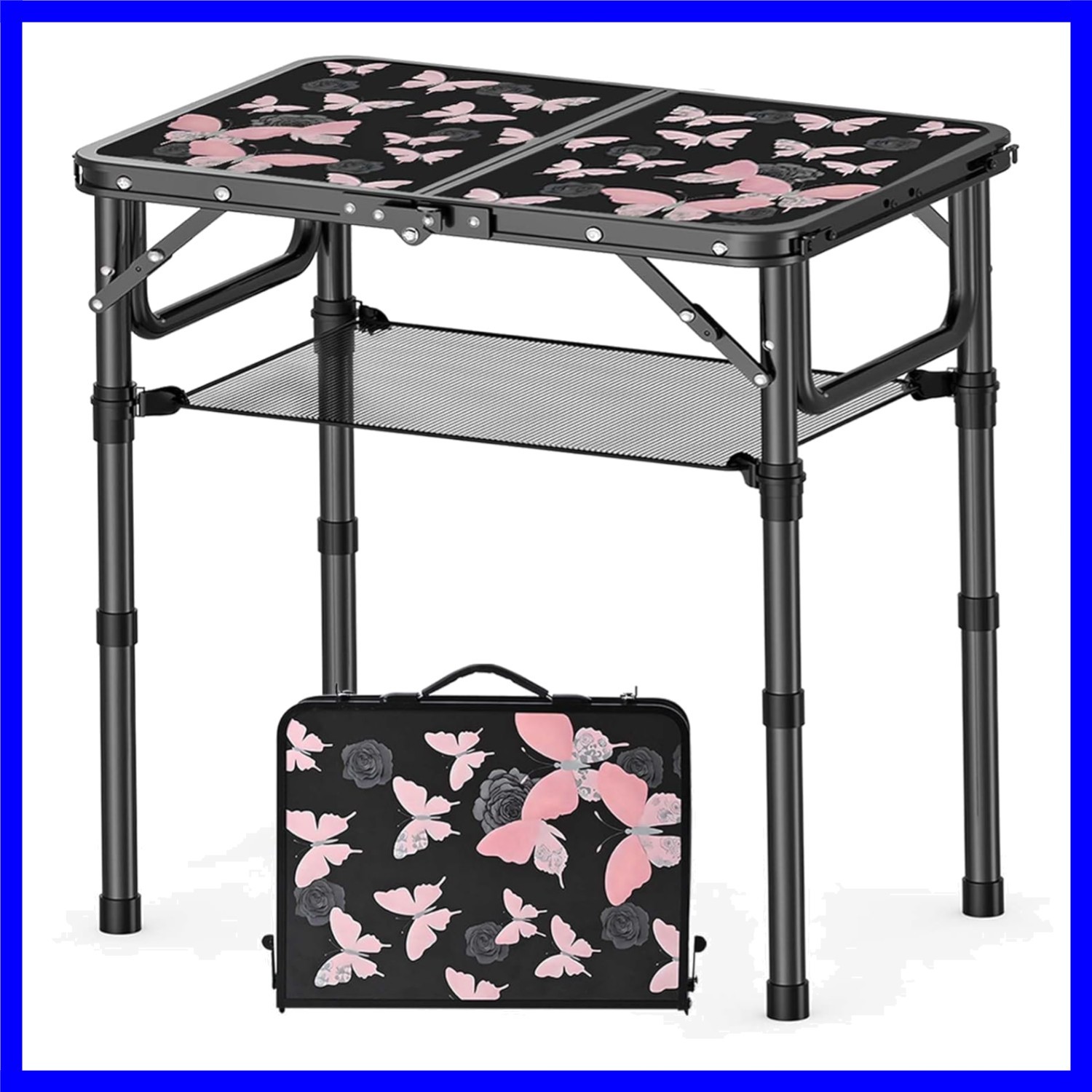 Small Camping Table, Vintage French Butterflies Pattern Folding Table, Adjust…