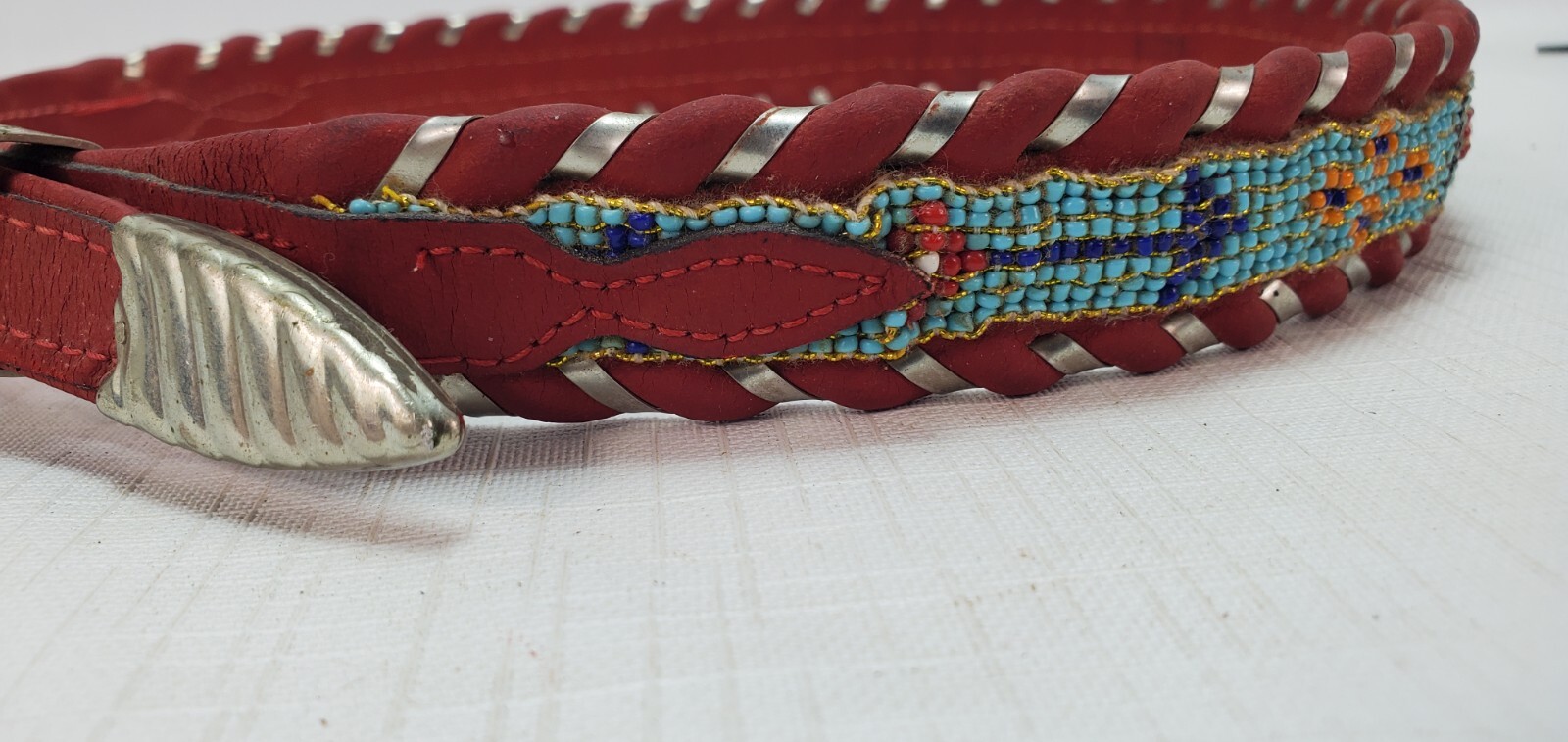 34+” Native American Beaded Red Leather Belt AL BERES Wages German Silver Buckle