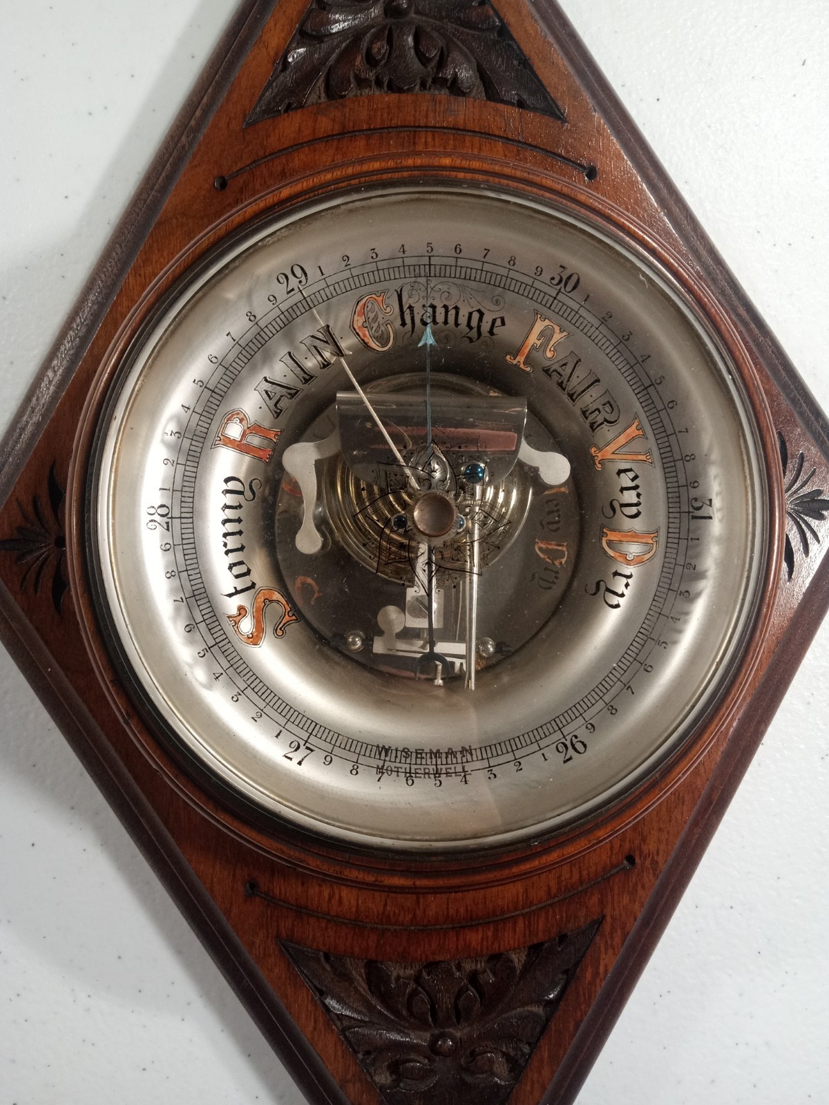 Rare Antique Scottish Barometer Motherwell Scotland Wiseman Carved Inlaid Wood