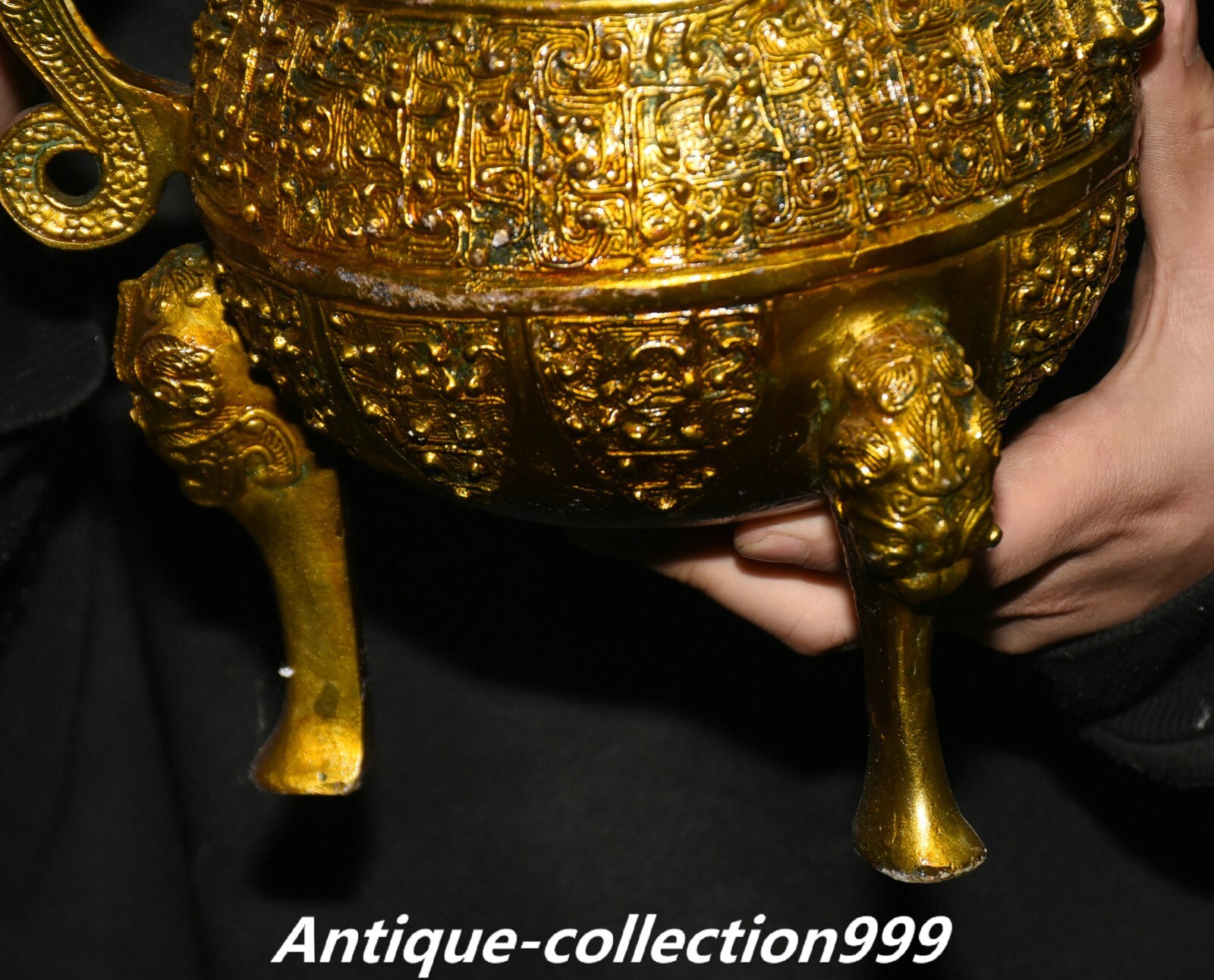 11″ China Dynasty Bronze Ware Gilt Inscription Dragon Beast Wine Tea Pot Flagon