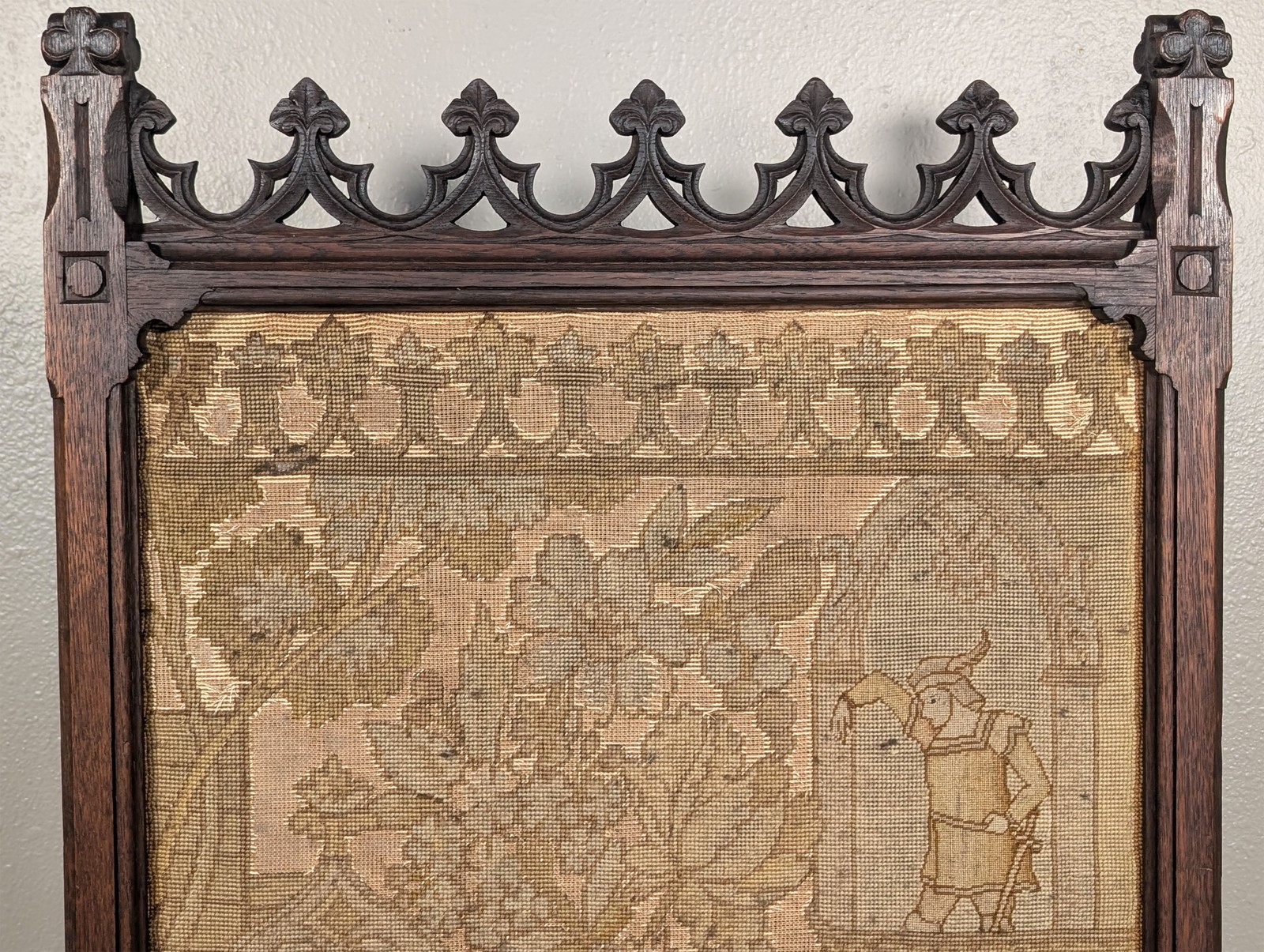 Antique French Gothic Oak Firescreen with Needlepoint Tapestry, 1800s