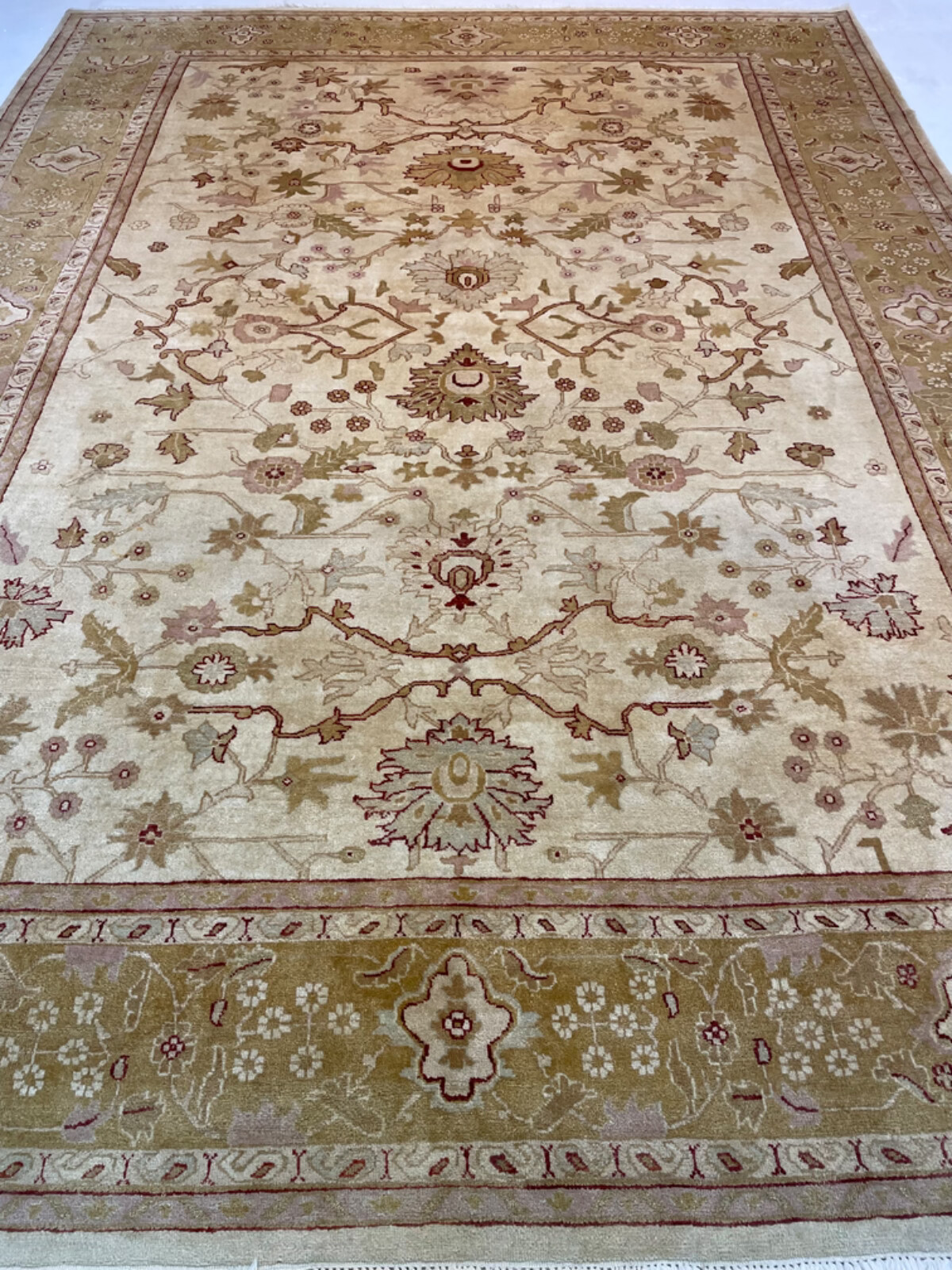 Oriental Hand-Knotted Wool Area Rug Turkish Oushak Ivory/Gold/Red/Blue 10′ x 14′