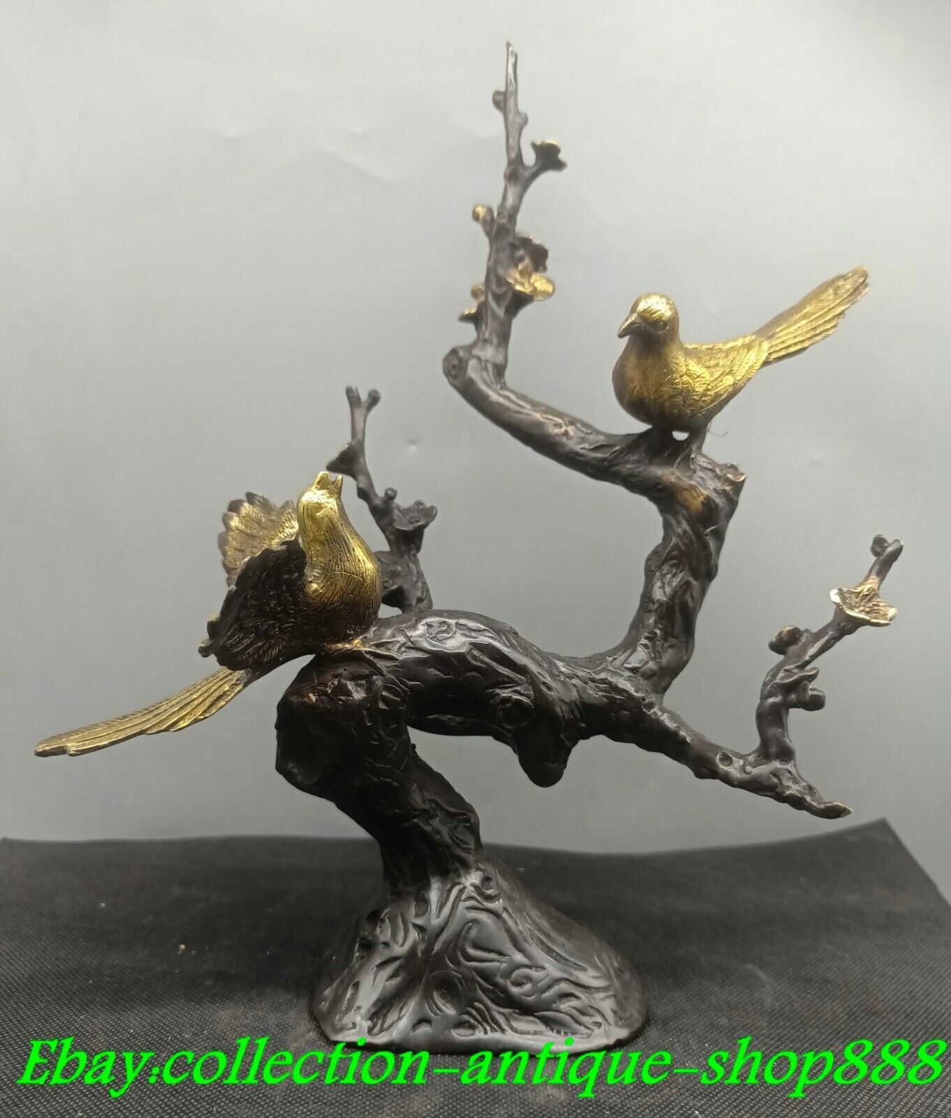 Qianlong Marked Old Chinese Dynasty Bronze Gilt Magpie Bird Tree Animal Statue