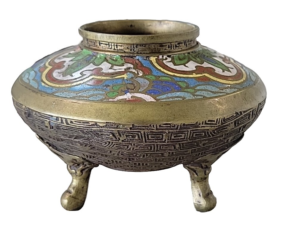 Antique Chinese Three Legged Brass And Enamel Incense Burner Censer