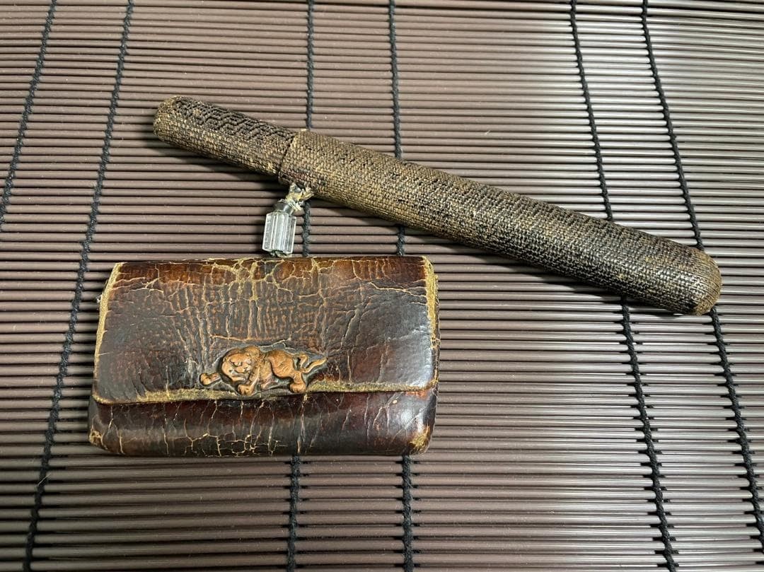 Samurai Tobacco Pouch Kiseru Case Set Edo Antique Tiger Copper Menuki Leather