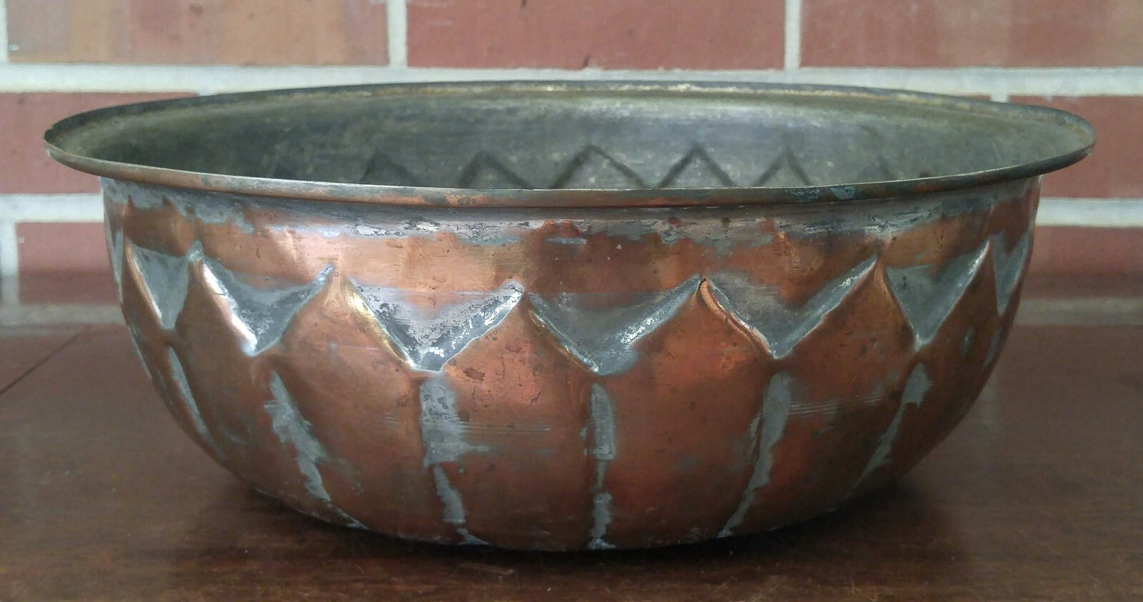 Vintage Middle Eastern Tinned Copper Bowl Hand Hammered Large 12 1/2″ x 4 1/4″
