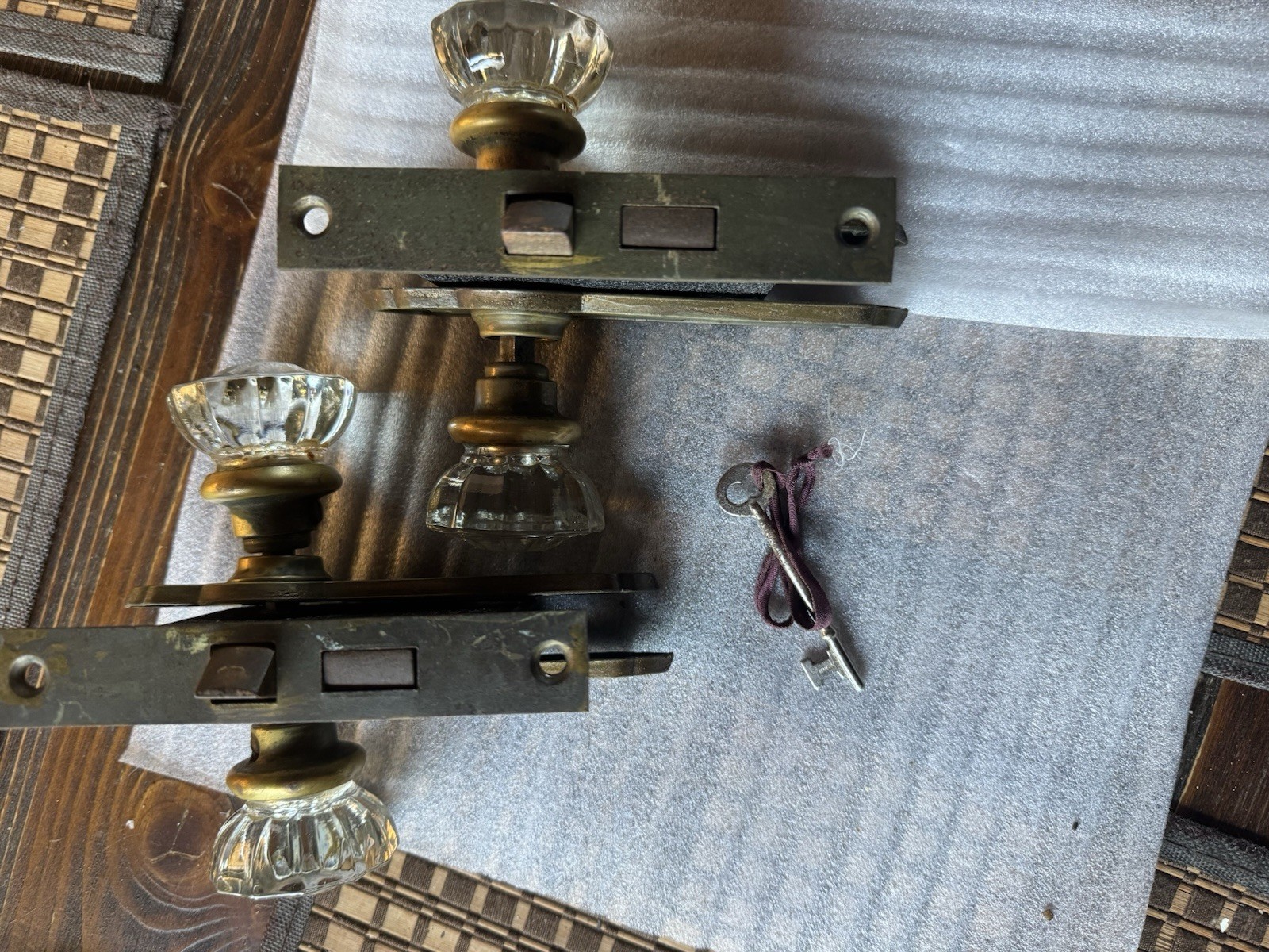 Antique 1920’sCorbin Art Deco Mortise Lockset Pair Glass Doorknobs W/Key