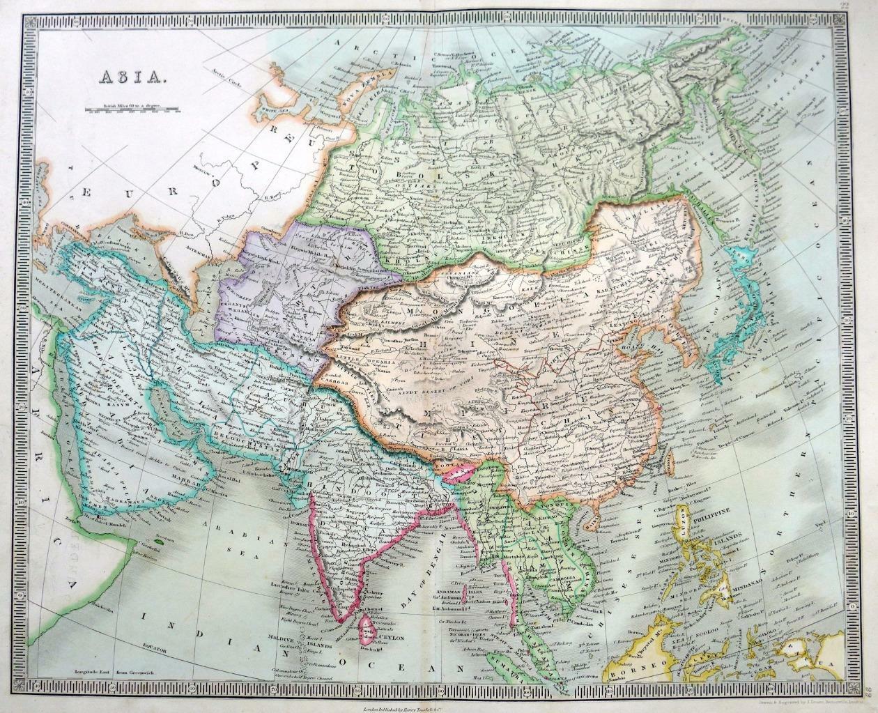 ASIA BY DOWER & TEESDALE c1844 GENUINE ENGRAVED MAP ORIGINAL HAND COLOUR