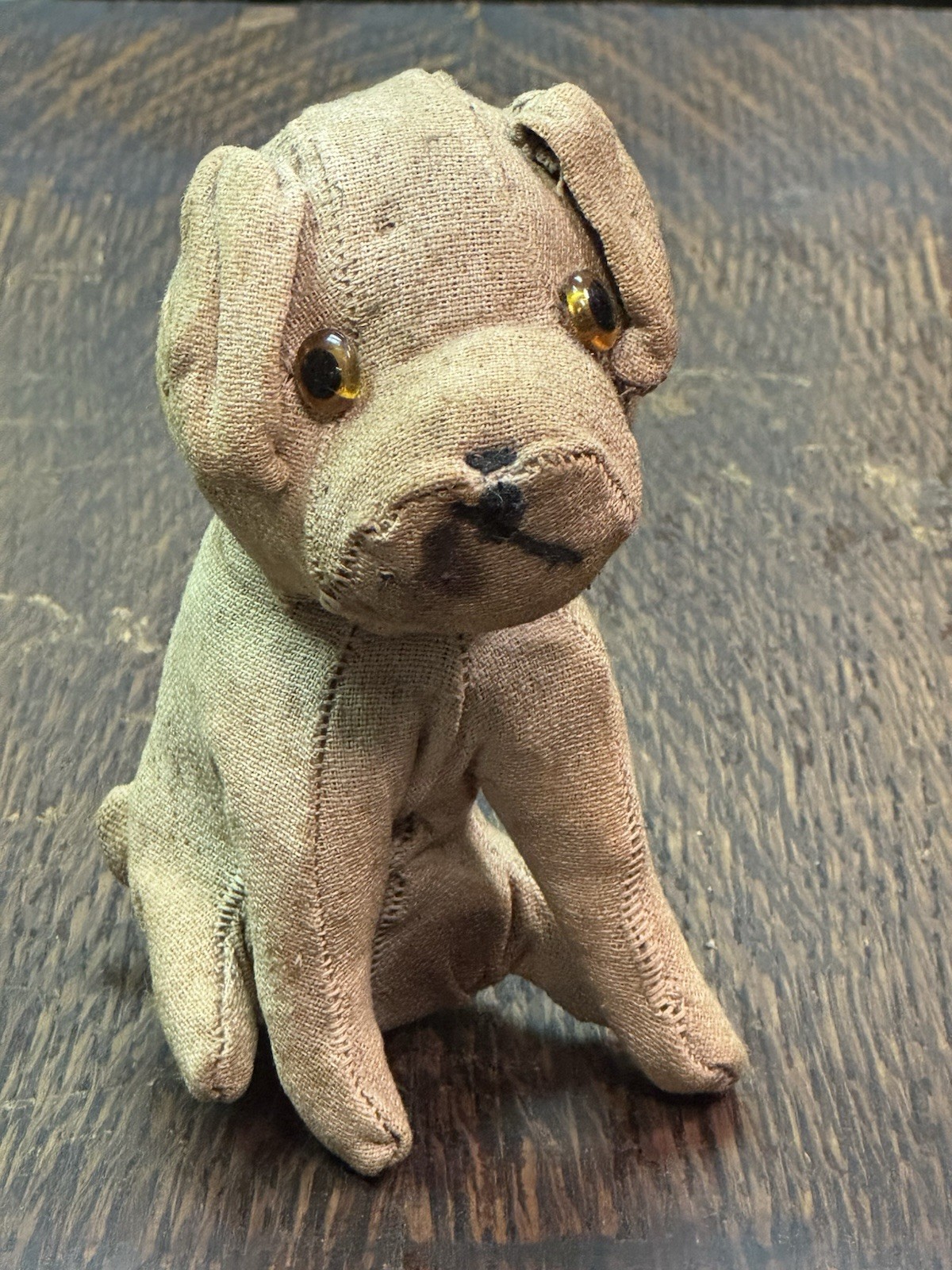 Antique Depression Era, Feed Sack Stuffed Toy Dog, Hand Sewn Rustic