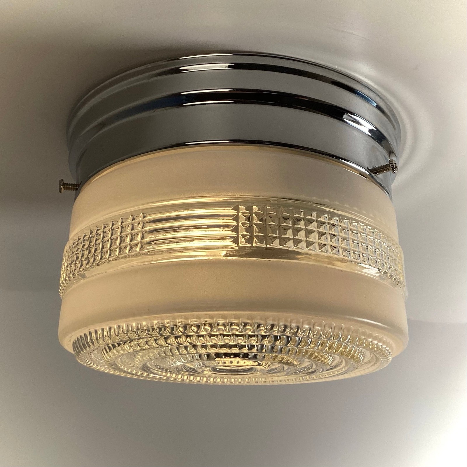 1940s Utility Deco Flush Mount Ceiling Light – Prism Glass, Chrome, UL