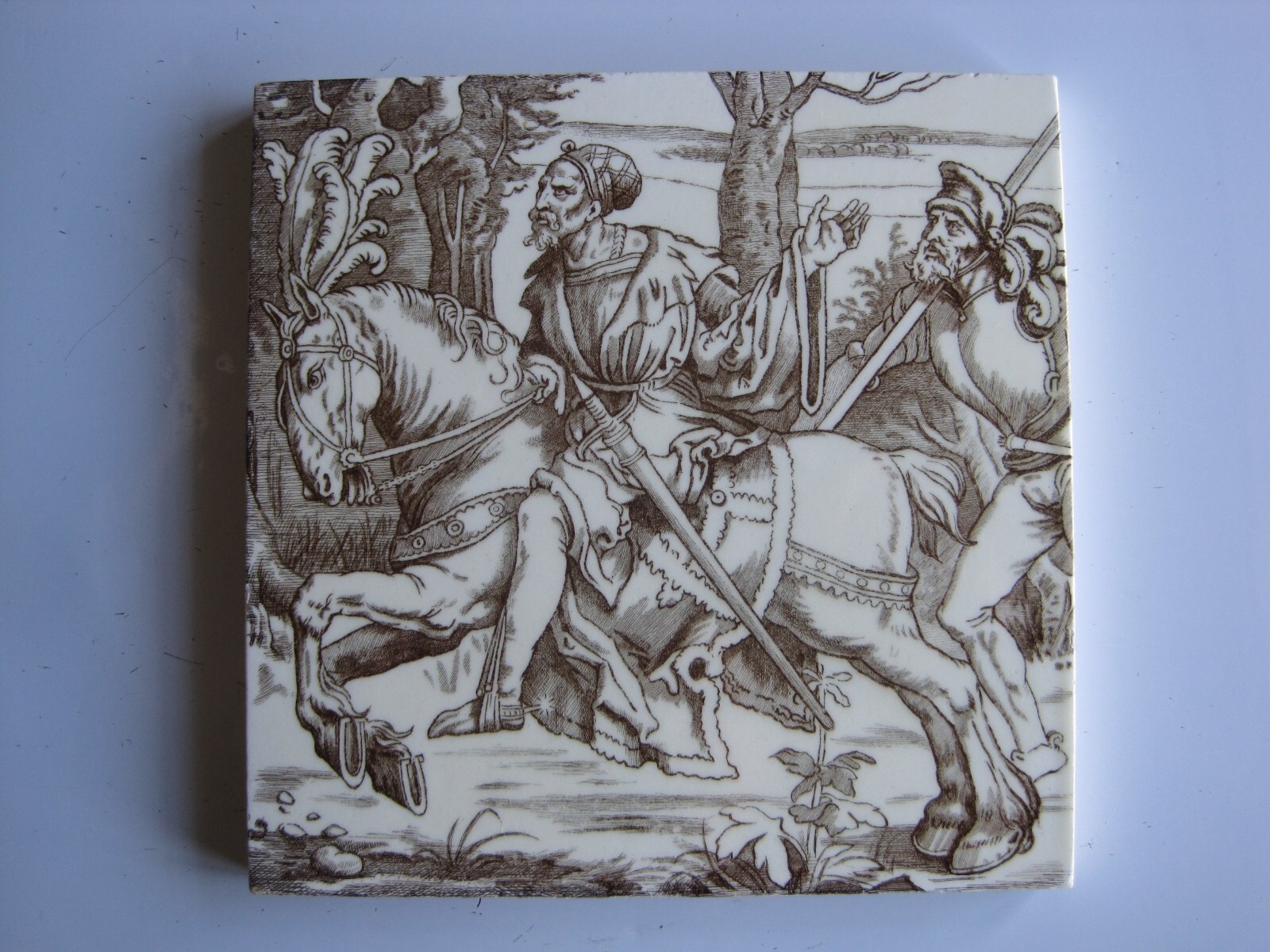 ANTIQUE VICTORIAN 6″ SQ. MINTONS ALBRECHT DURER TILE – THE KNIGHT C1885
