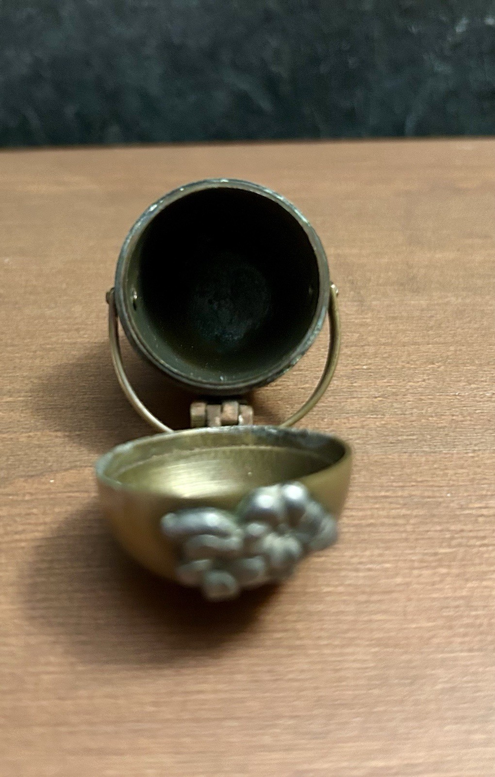 Victorian Brass Thimble Holder Sewing Egg 2″ Silver Flowers Chatelaine 1880s
