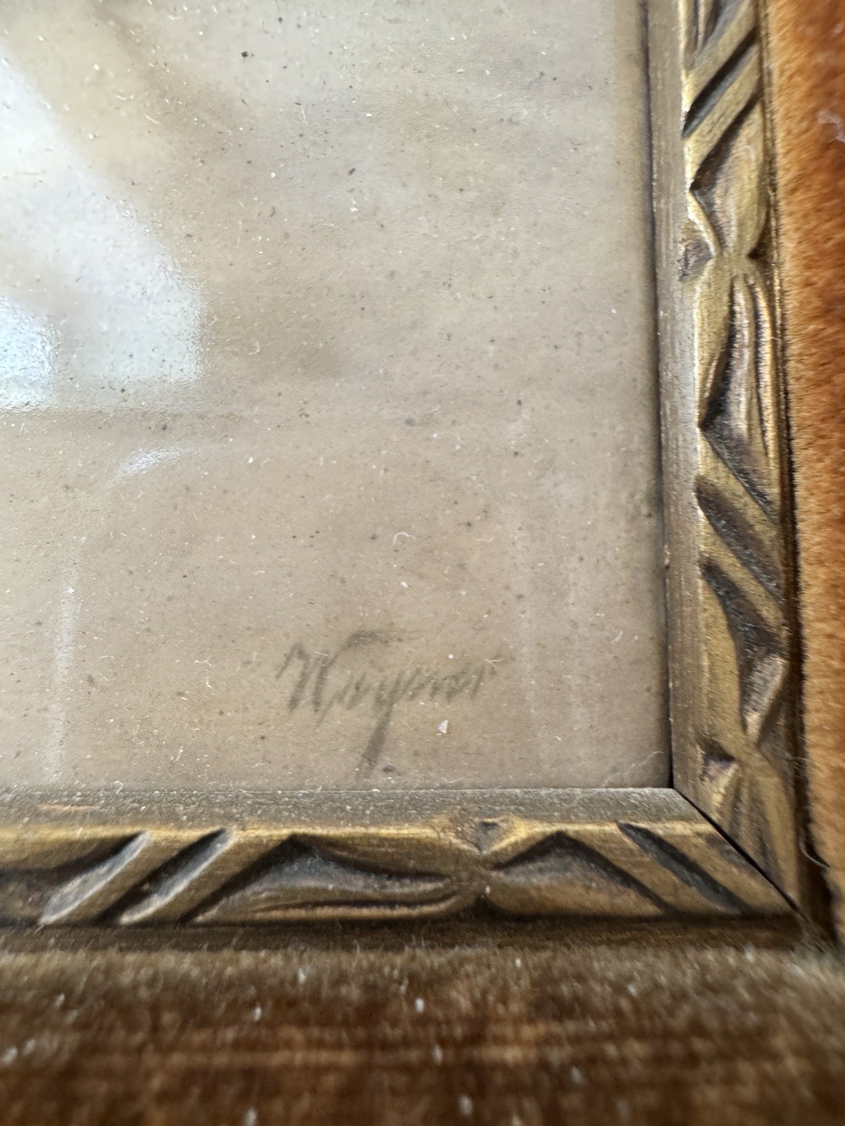 Antique Hand-Painted & Framed Porcelain Tile of Young Lady -signed “Wagner”