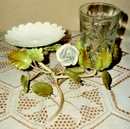 Italian Tole Cottagecore Roses Soap Dish Glass Holder Vanity Stand RARE Vintage