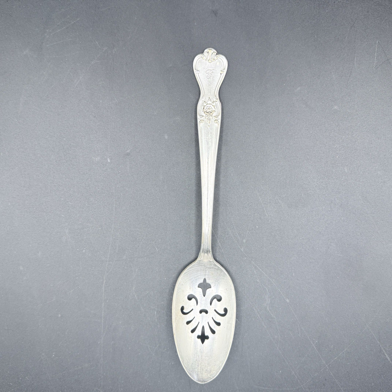 Old Company Plate Signature Silverplate Slotted Serving Spoon 8.5″ Monogram F