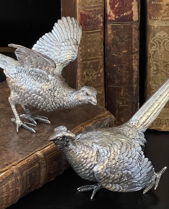 Rare English Sterling Silver Figural Pheasant Game Hunt Bird Pair 5.6/6” c1969