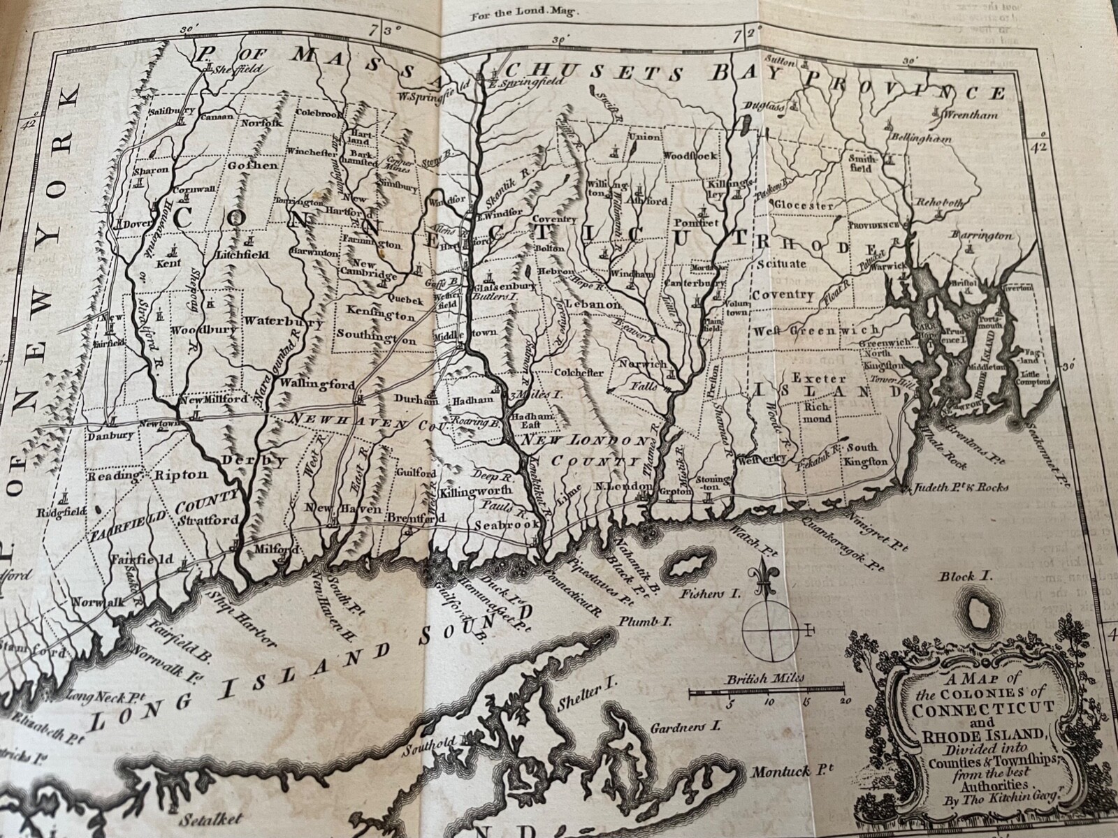 1758 LONDON MAGAZINE April RARE KITCHIN MAP CONNECTICUT RHODE ISLAND WINE