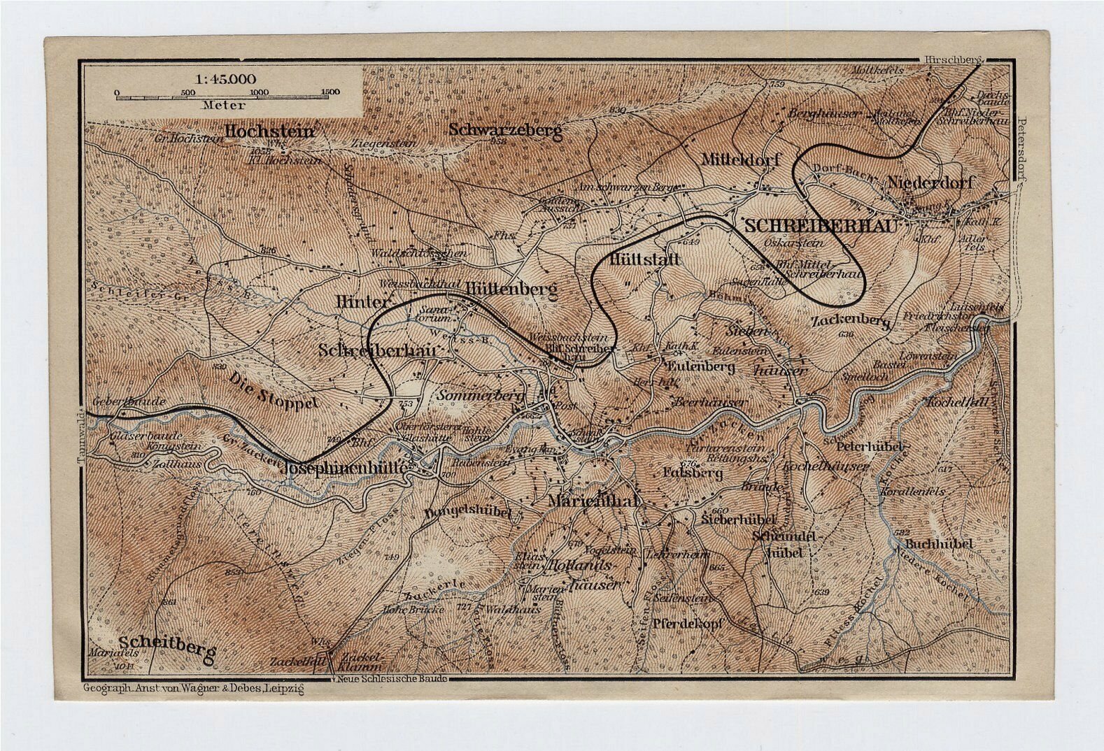 1910 ANTIQUE MAP OF SCHREIBERHAU SZKLARSKA PORĘBA SILESIA GERMANY POLAND