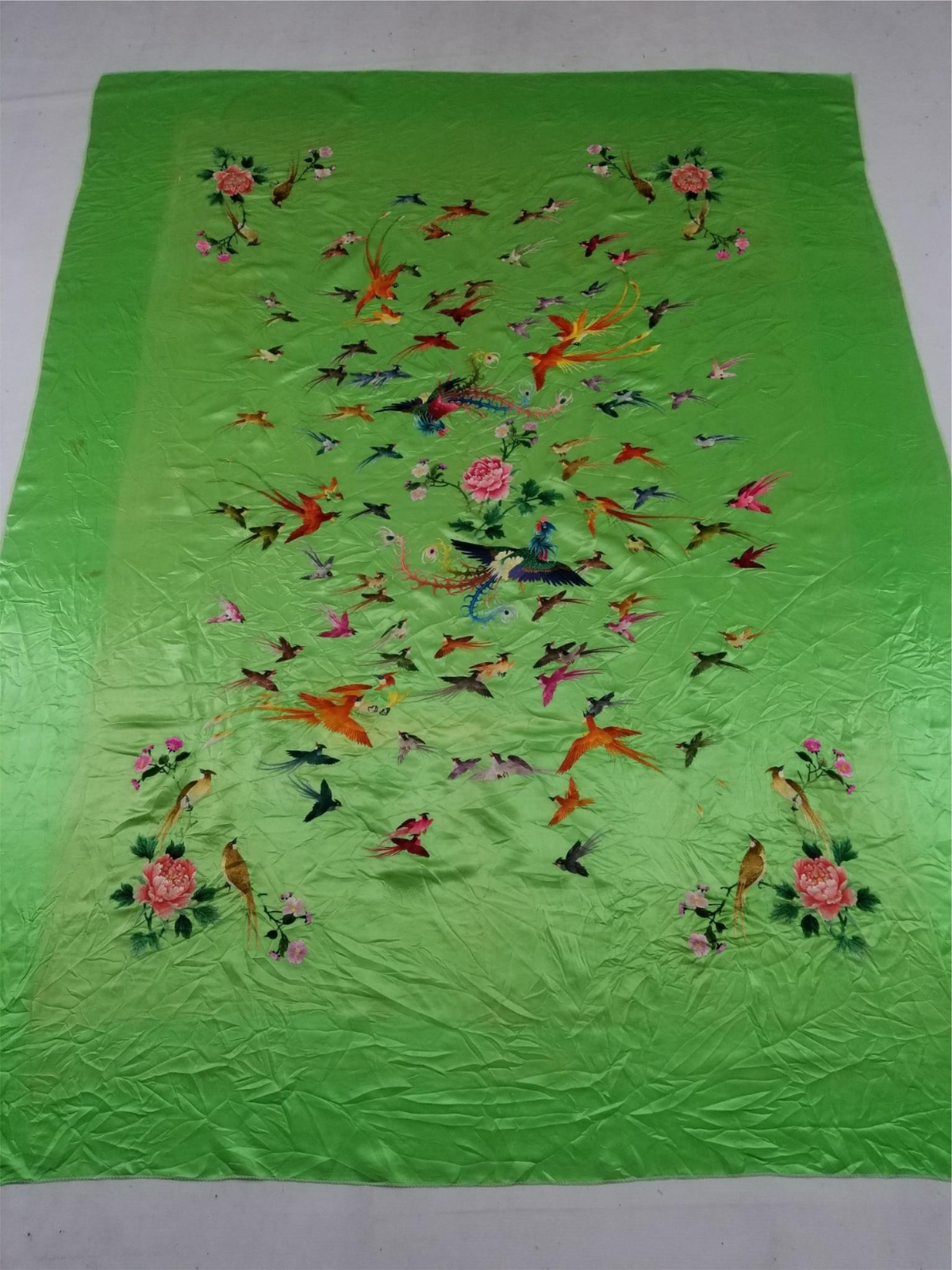 Antique Chinese Hand Embroidered Birds Silk Panel 74×56 inches