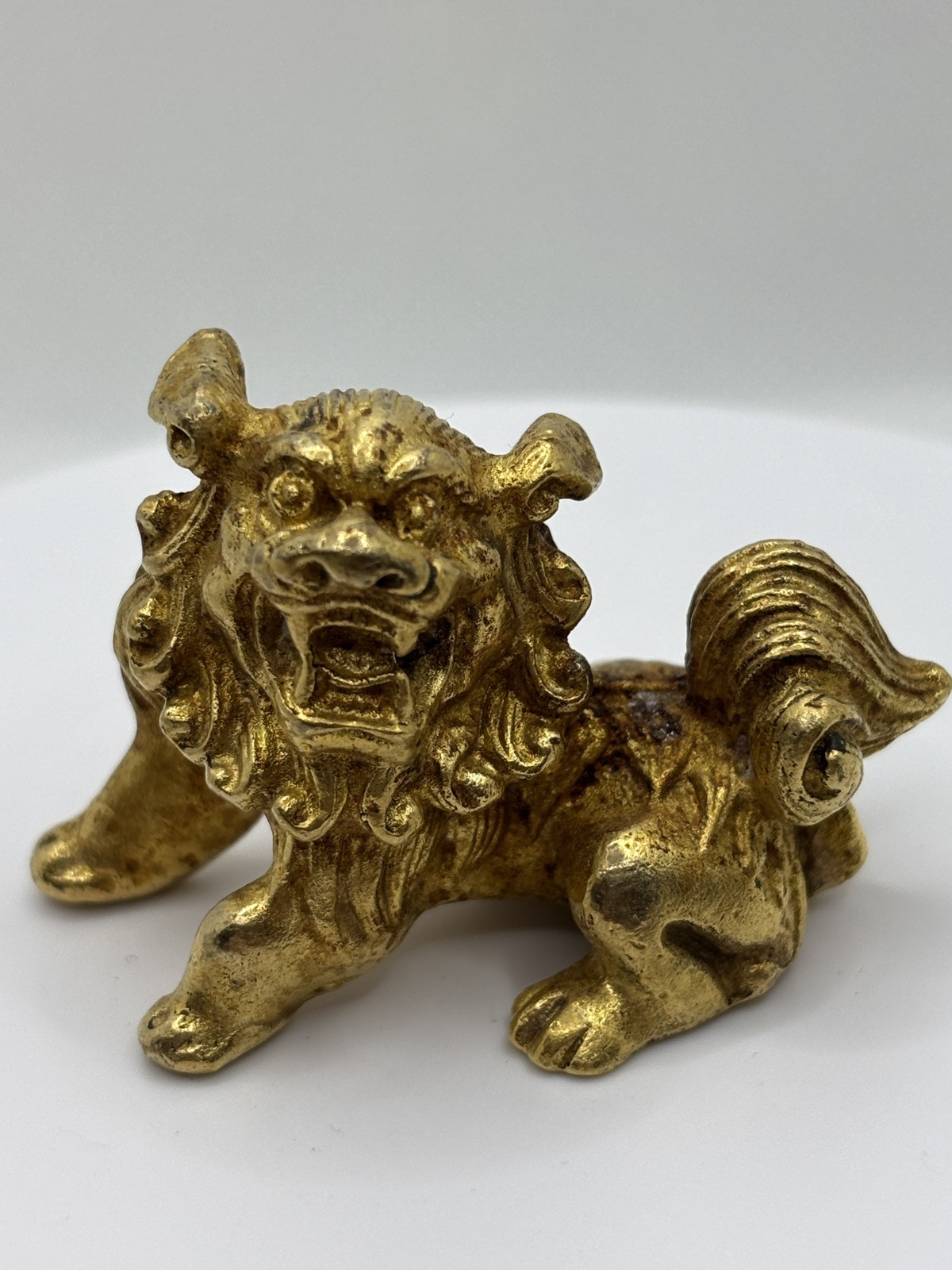 Rare Old Chinese Solid Gold Bronze Gilt Lion – 2” Long
