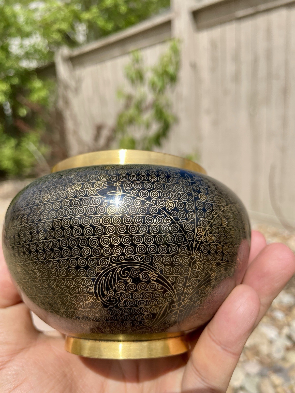 ANTIQUE CLOISSONE VASE WASHER JAR ENAMEL ON BRASS BLACK WITH GOLD DESIGN