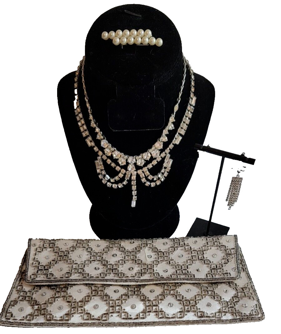 Vintage Beaded Satin Clutch Purse Jewelry Lot Choker Earrings Brooch
