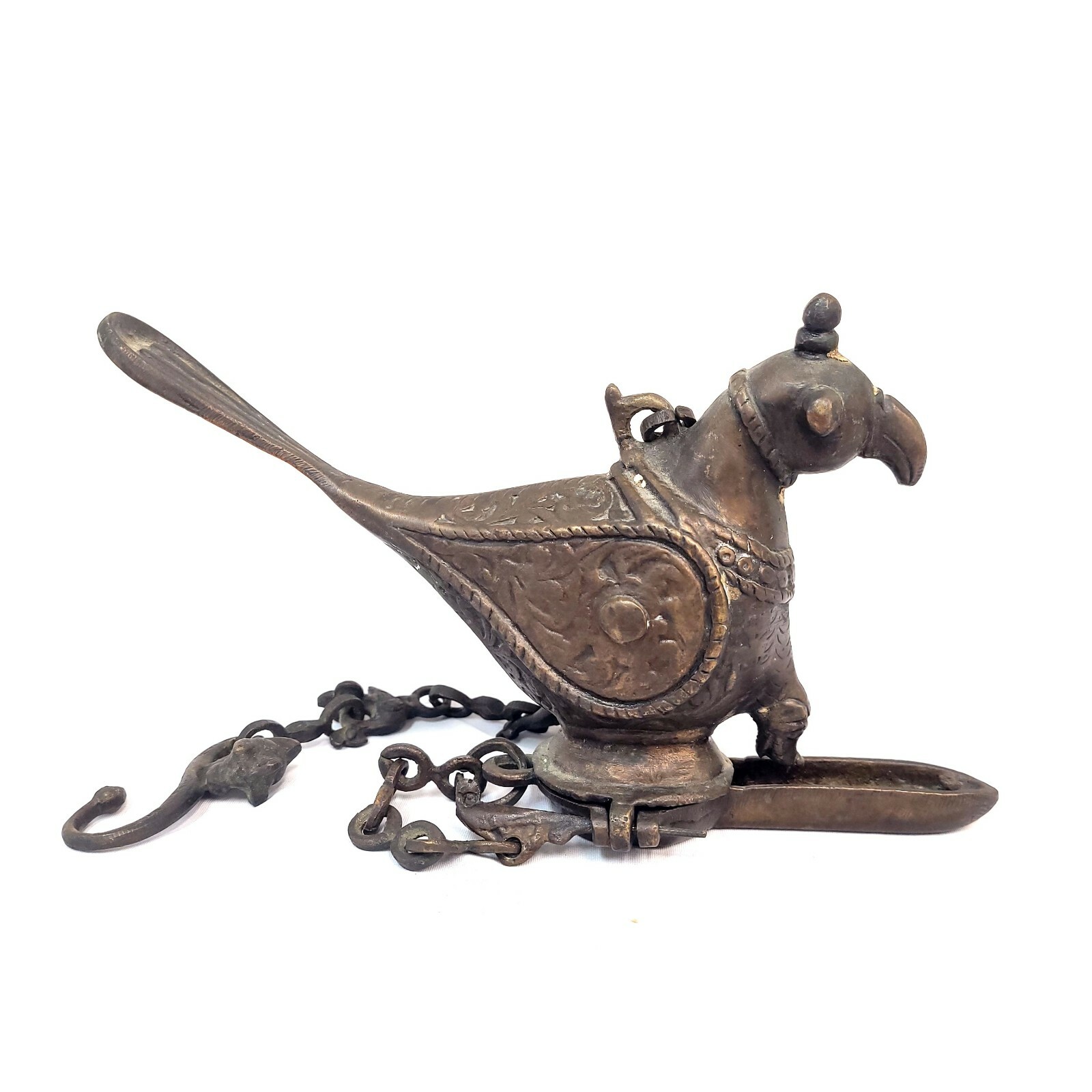 Antique Mughal India Bronze Brass Peacock Bird Hanging Oil Lamp – OLD!