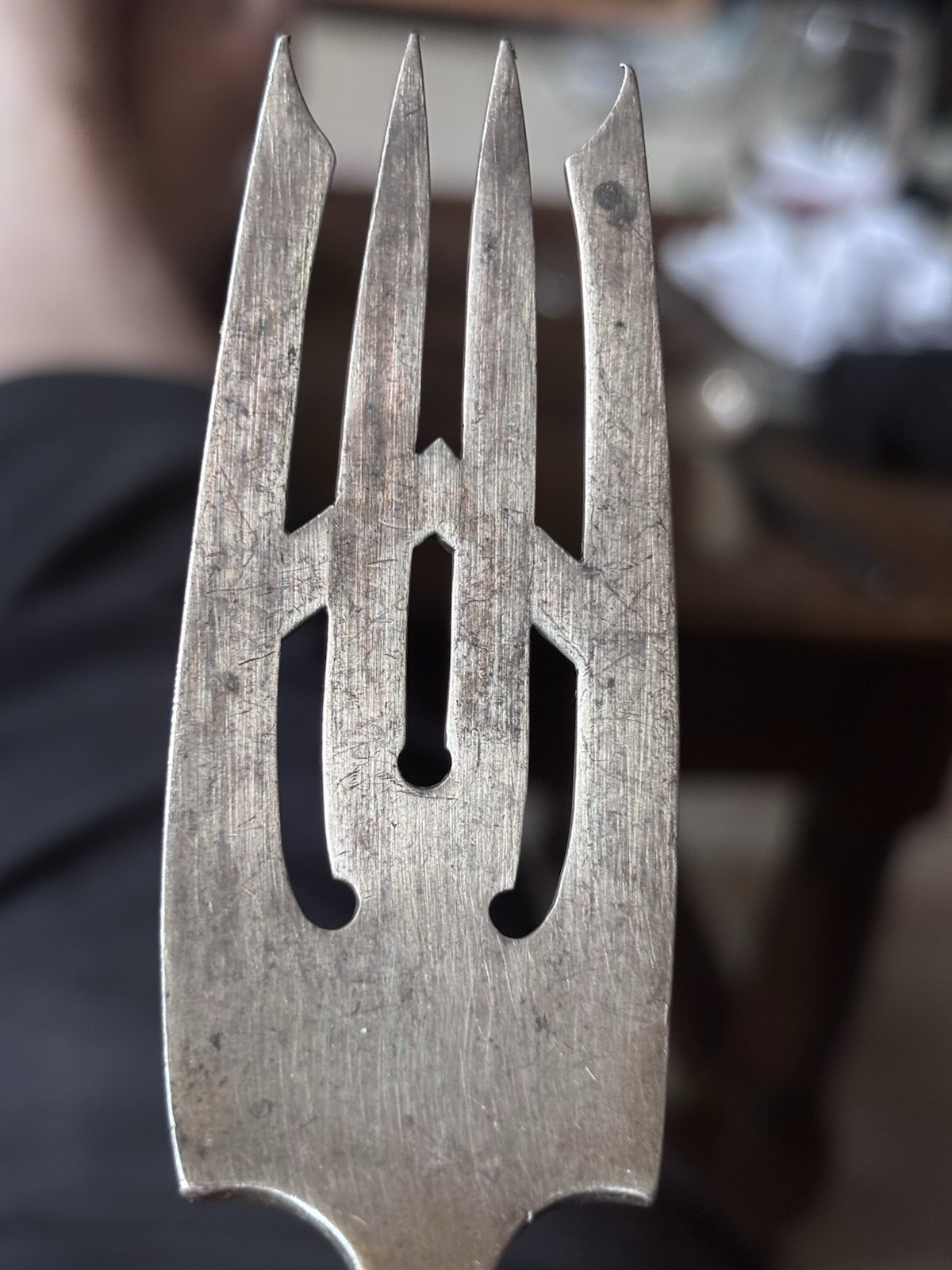 Antique J. Mauras & Co. 9.5″ Solid Silver Cold Meat Serving Fork 79g Pierced
