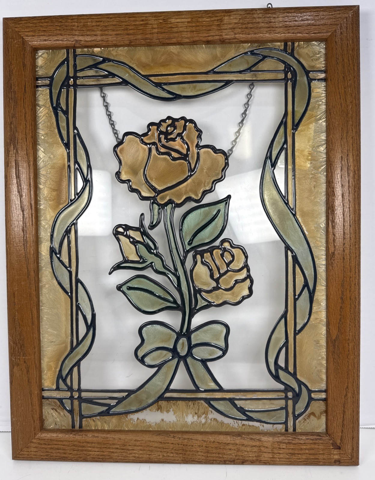 VTG Stained Glass Window Panel Hand painted Rose Flower Sun Catcher Wood 18×14