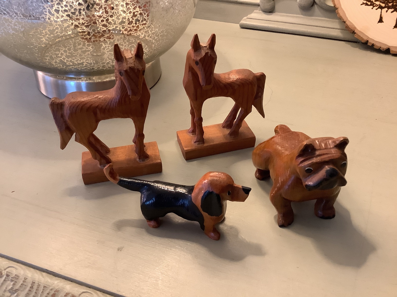 Vintage Hand Carved Animal Figurines. Hand Whittled Horses Signed By Artist, Bu
