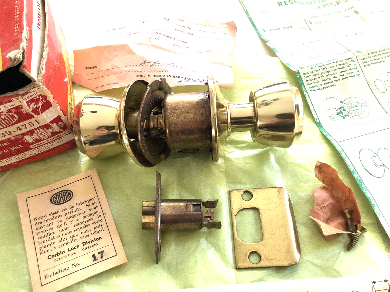 1950’s NOS Brass Mortise Residential Door Hardware Set Original With Instruction