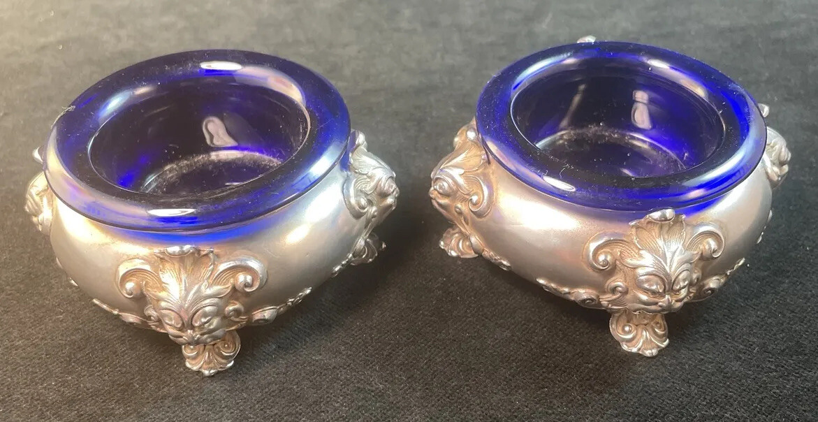 Pair Of William Kerr Sterling Silver Open Salt Cellars Cobalt Glass Liners