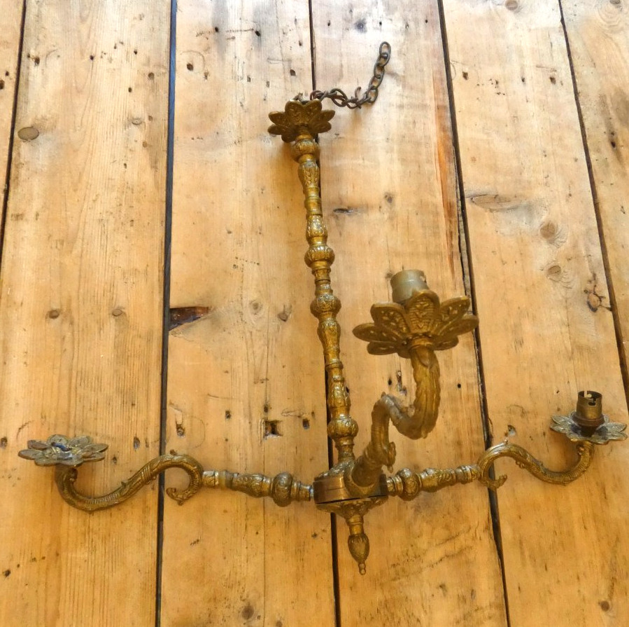 Vintage Brass Rococo Chandelier Baroque Antique Style 3 Arm Ceiling Light French
