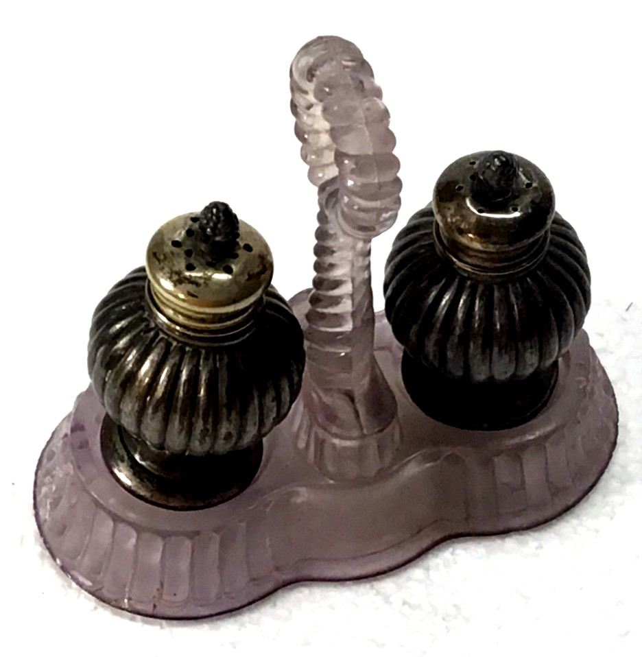 Vintage 60’s W.B. Mfg Co. C-61 Silver Plate Salt and Pepper w Org Amethyst Stand