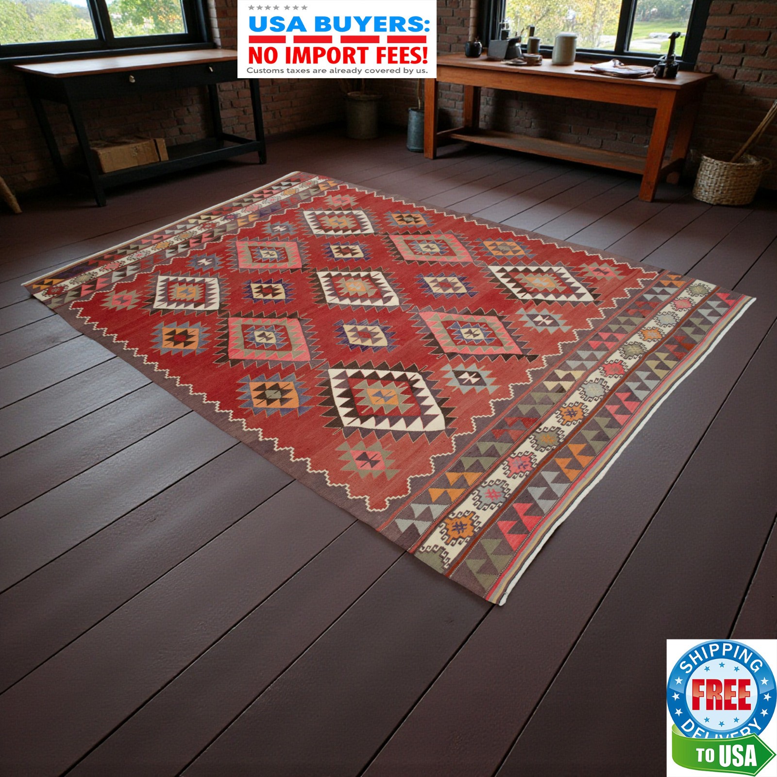 Vintage 1950s Turkish Rug Kilim 6×9 Flat Weave Area Rug Natural Wool & Dyes