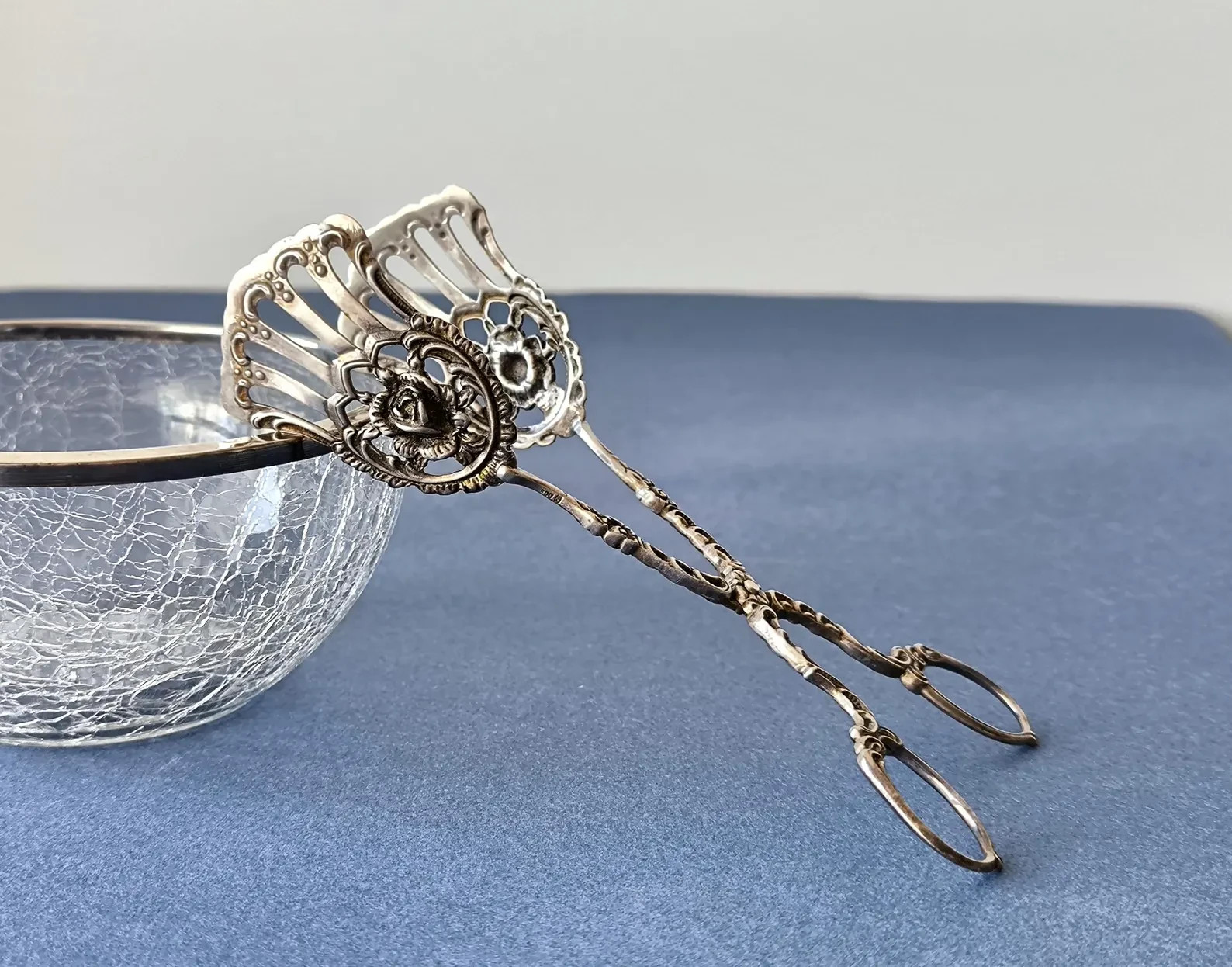 Antique German 800 Silver Pastry Tongs Rococo Revival Rose Floral c.1900 Serving