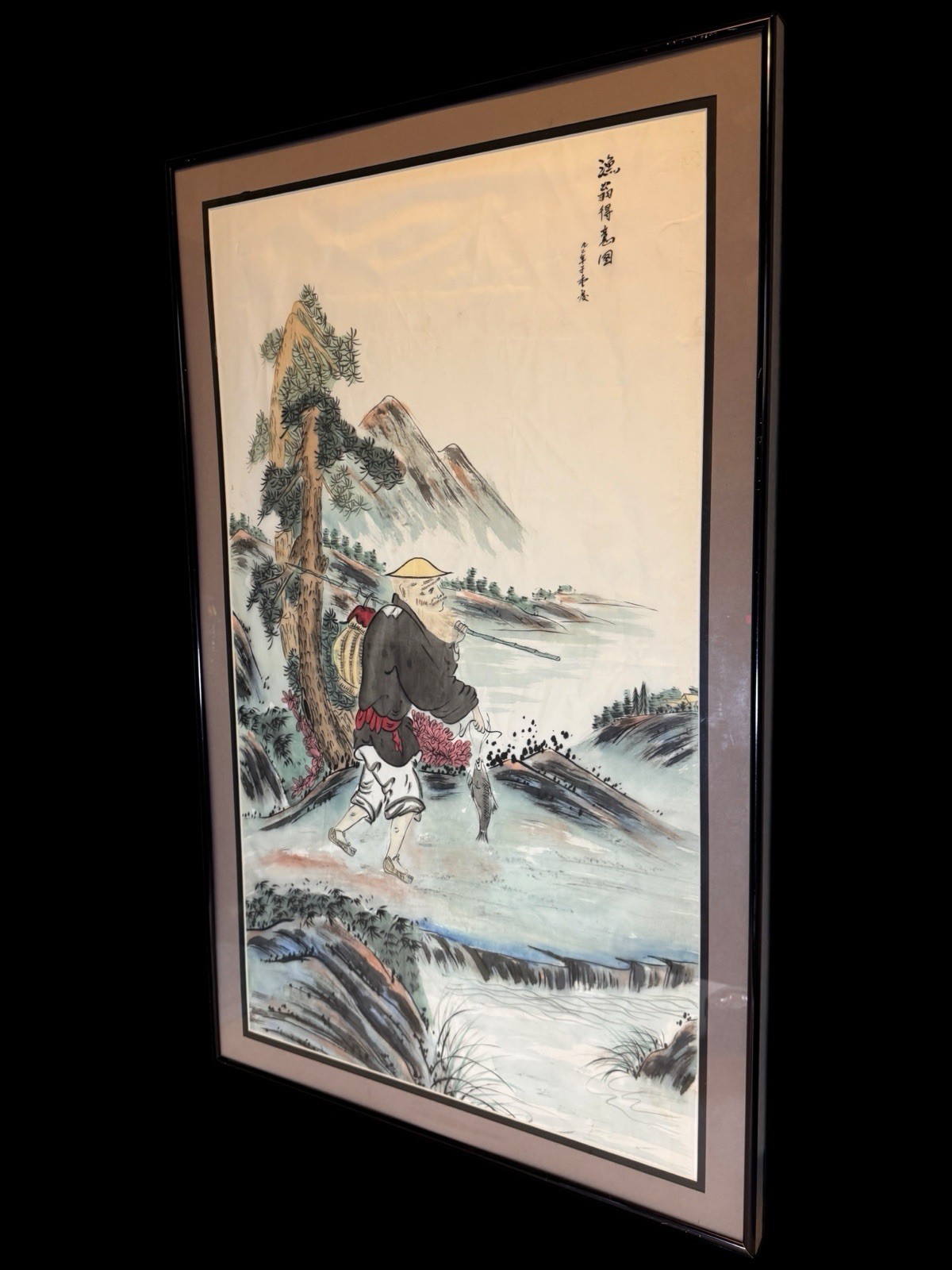 Vintage Chinese By Chenghan Man Fishing Mountains Mixed Media Silk Painting 35”