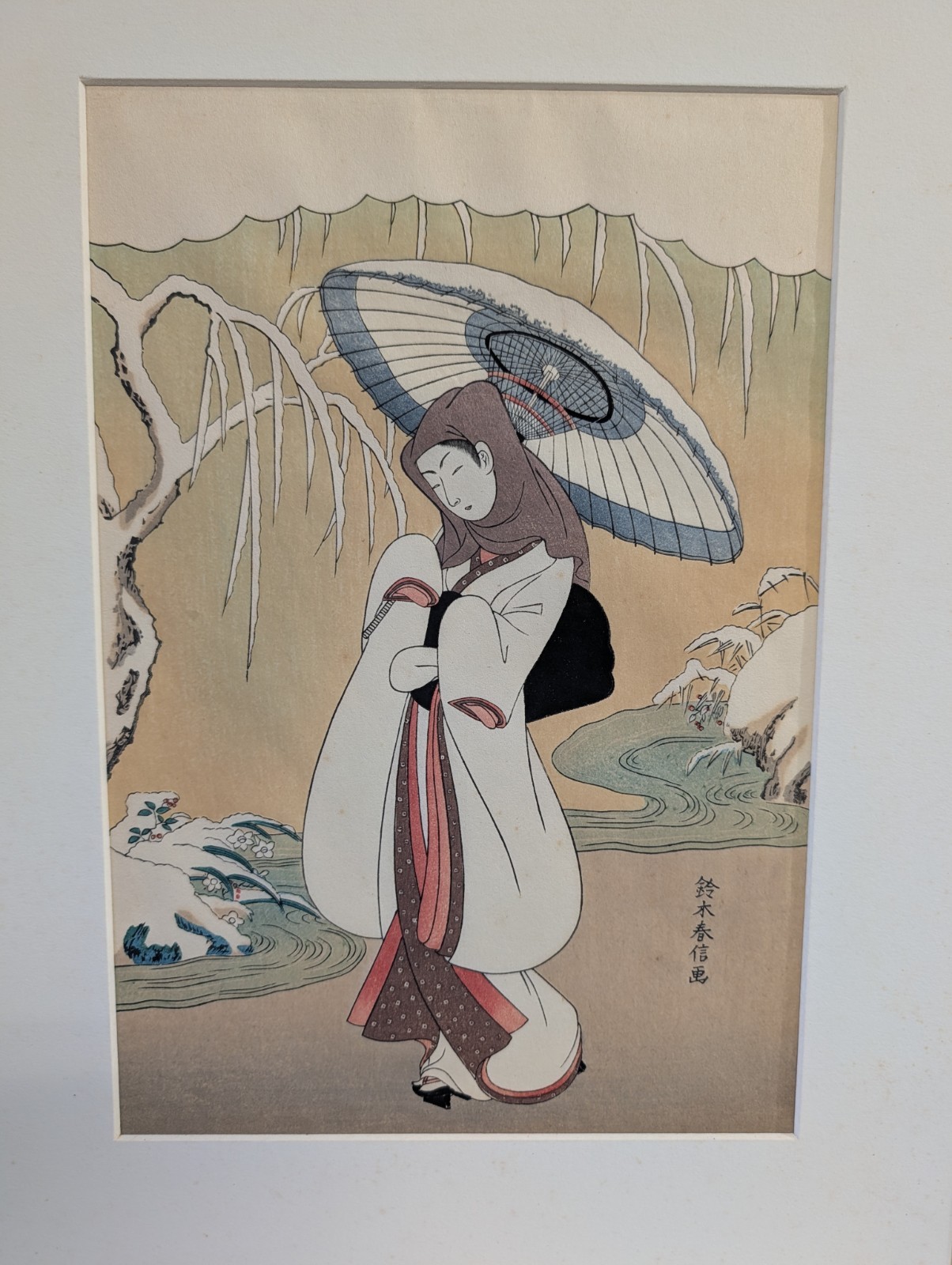 Antique Japanese Woodblock Print “Heron Maiden” After Suzuki Harunobu Ukiyo-e