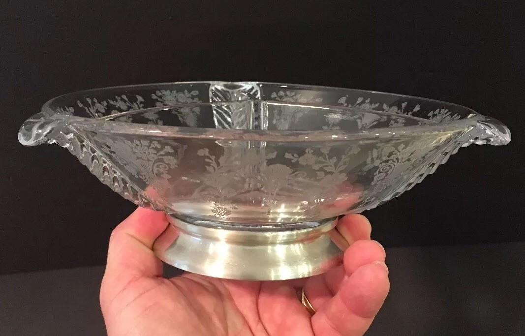 Vintage Duncan Miller Glass Feather #711 Dish With Solid Sterling Silver Base